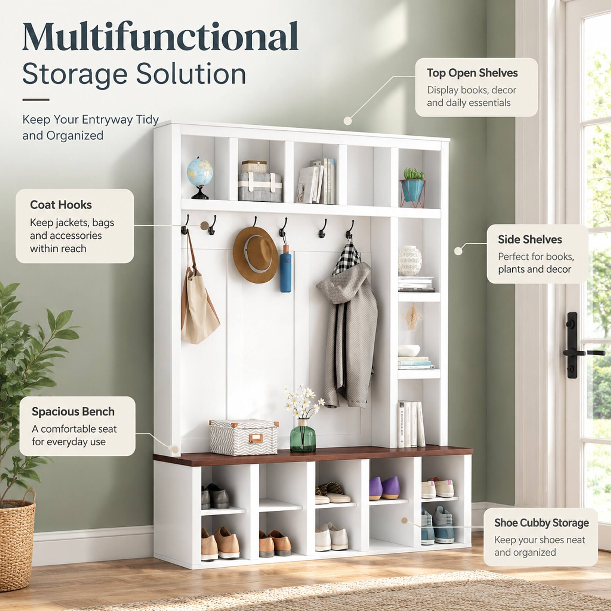 RYHNUYNE Farmhouse Hall Tree, 4 in 1 Entryway Shoe Cabinet, Walnut ...
