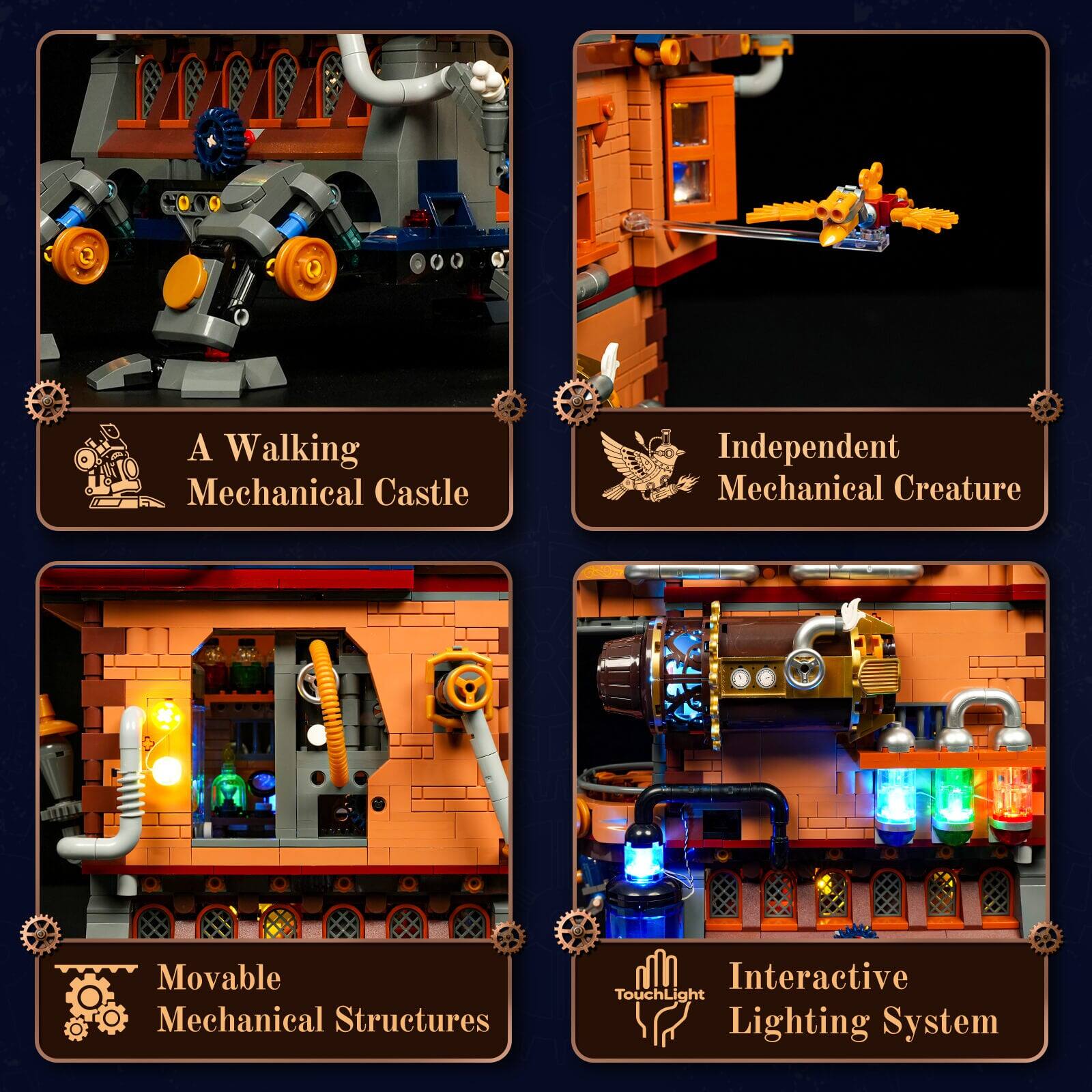 A Walking Mechanical Castle  
Independent Mechanical Creature  
Movable Mechanical Structures  
Interactive TouchLight Lighting System