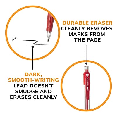 DURABLE ERASER  
CLEANLY REMOVES MARKS FROM THE PAGE  

DARK, SMOOTH-WRITING LEAD DOESN'T SMUDGE AND ERASES CLEANLY