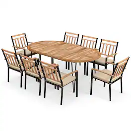 Costway - 9 Pieces Outdoor Dining Set with Acacia Wood Top & Umbrella Hole Metal Frame - Natural,Black