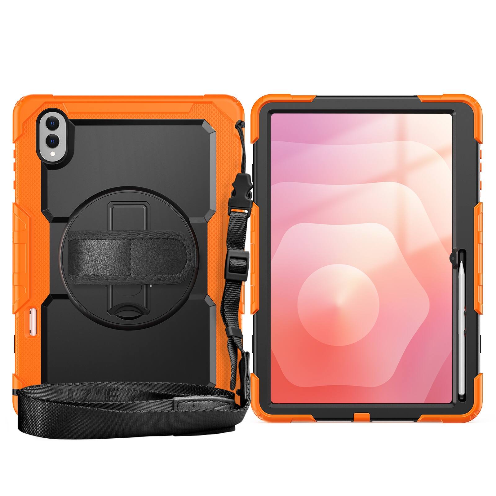 Angle. UUCOVER - Full Body Case for Samsung Galaxy S11 Ultra 14.6" 2025 X930 X936B Built-in Screen Protector Stand Shoulder Strap Cover - Black+Orange.