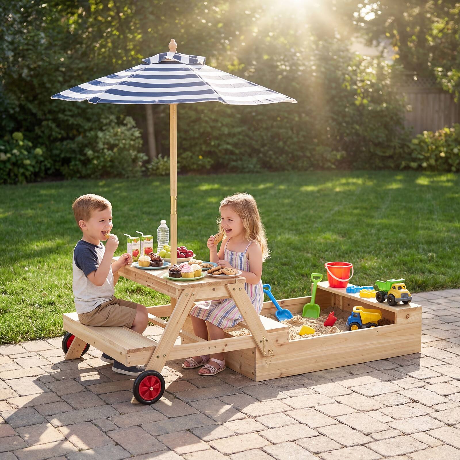 Alt View 3. Gymax - Gymax 3-in-1 Wooden Sandbox w/Foldable Umbrella Convertible Picnic Table Benches - Blue.