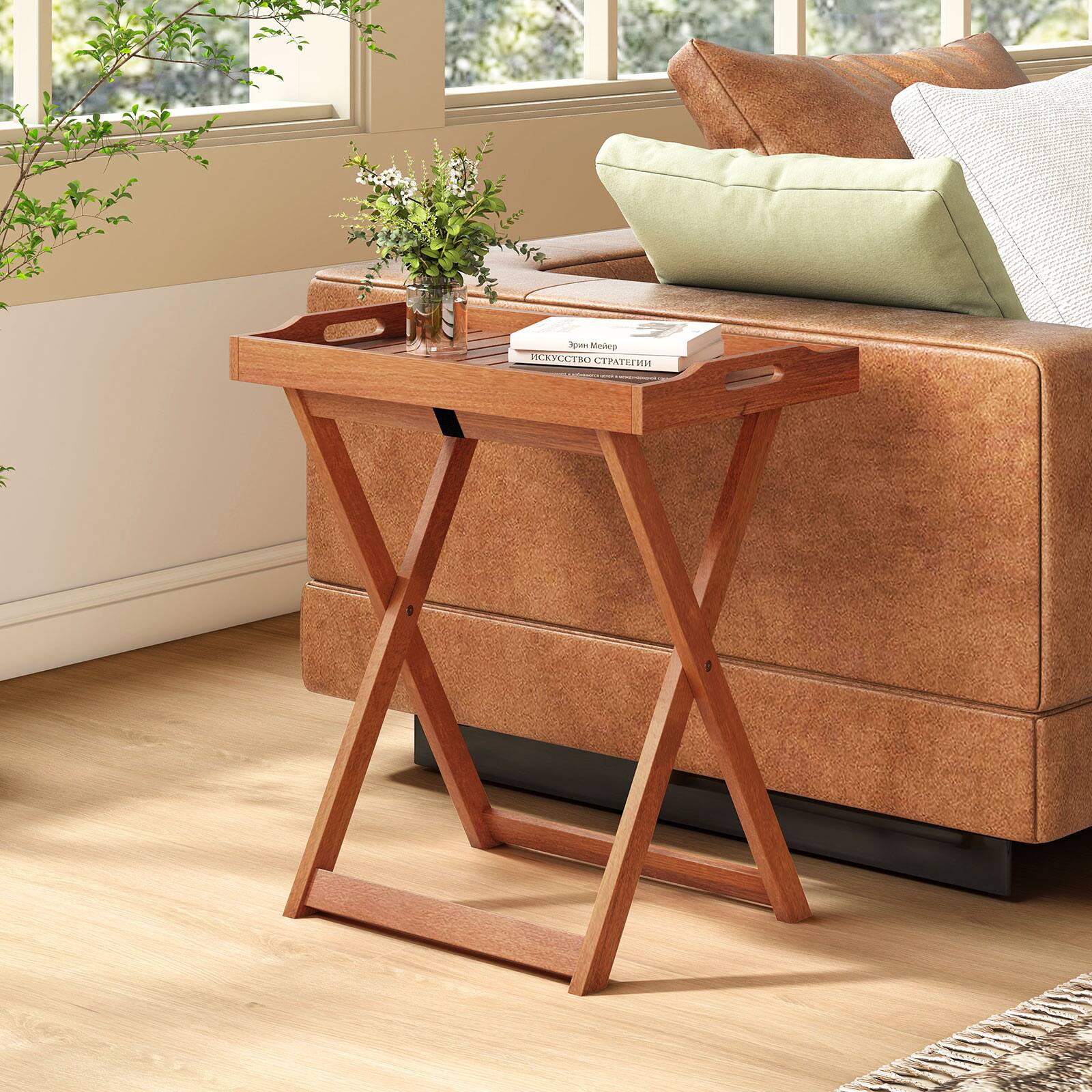 Alt View 1. Gymax - Gymax Solid Wood Tray Table Set of 2 w/Removable Top Rectangular TV Tray Bistro Table - Yellow.