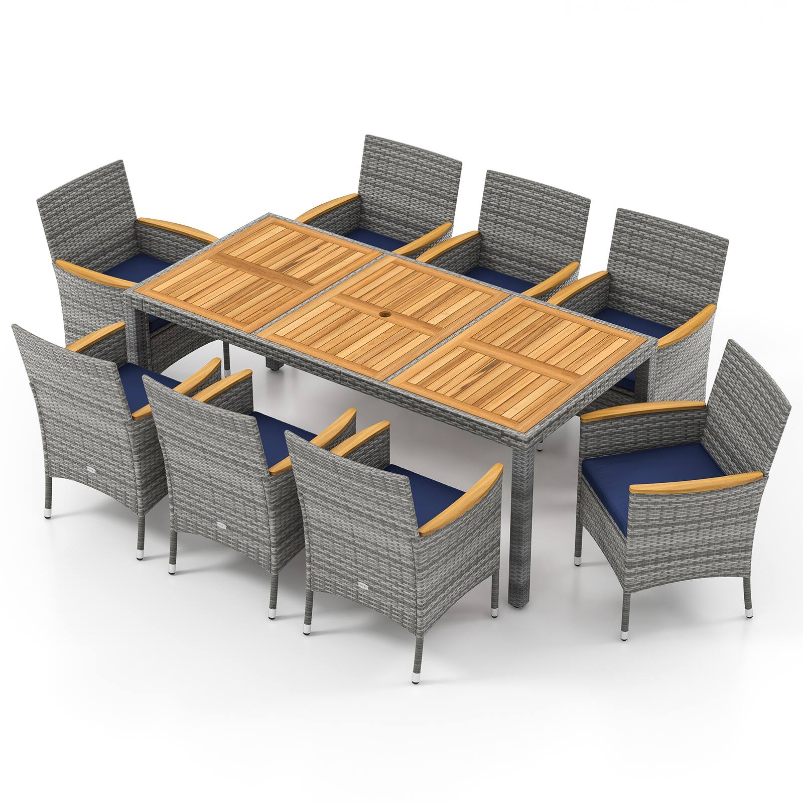 Alt View 9. Gymax - Gymax 9 Pieces Patio PE Wicker Dining Set Outdoor Acacia Wood Table & Chairs Navy - Navy.