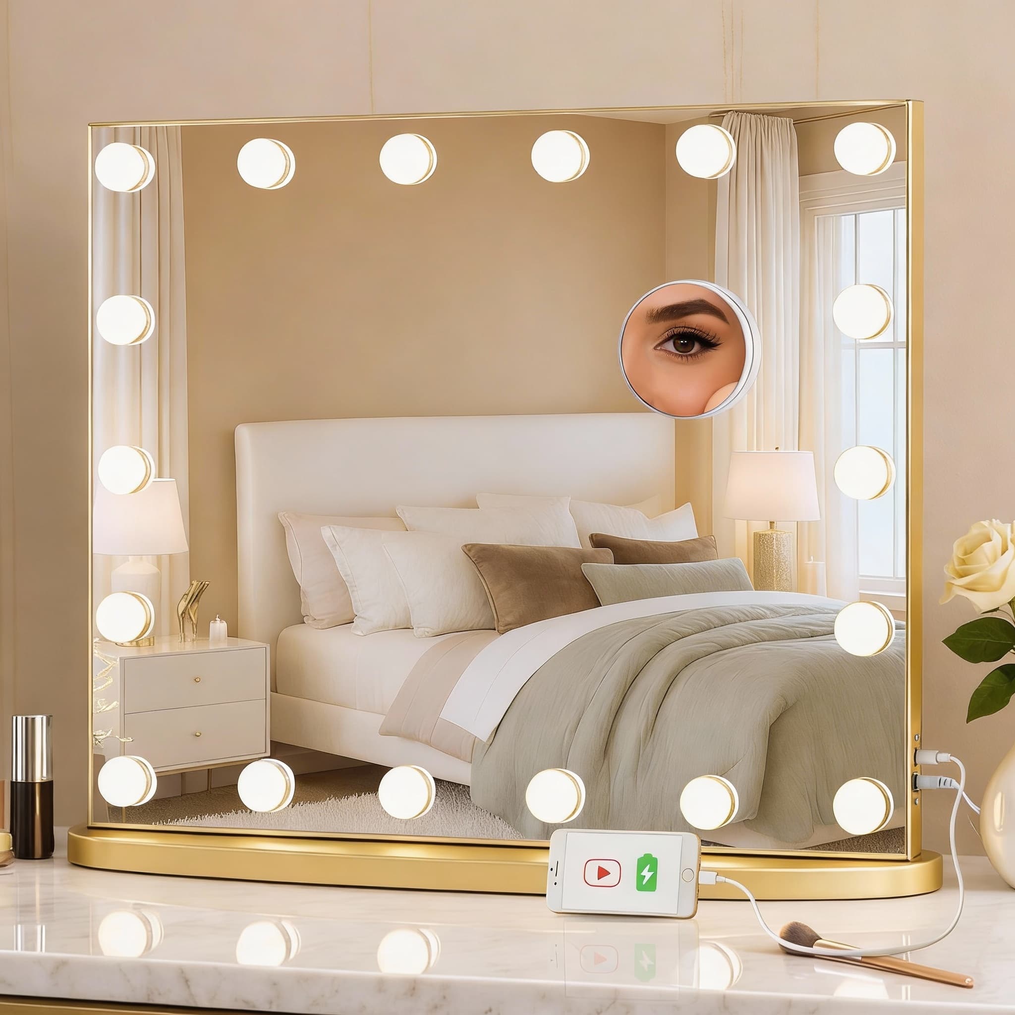 PO3TICJUNKI3 - 23.6" Lighted Vanity Mirror, 18 LED Bulbs, 3 Color Modes, USB Port, Wall/Table Mount - Gold 23.6"L x 20.5"W