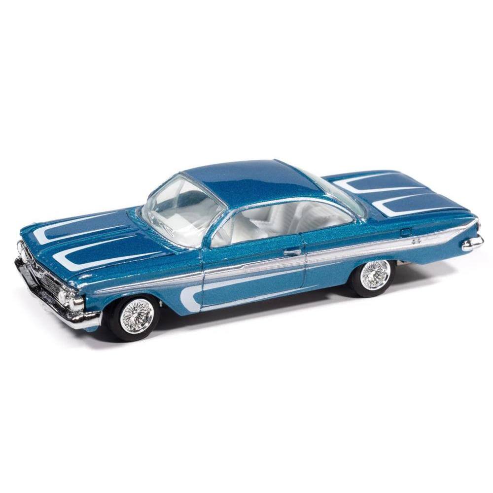 Angle. Johnny Lightning - 1961 Chevrolet Impala SS 409 Blue Metallic with White Stripes and Interior "Scrapin'" Series 1/64 - Blue Metallic with White.