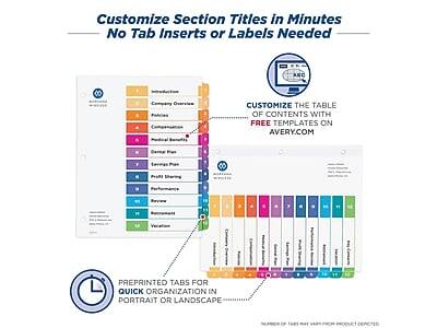 Customize Section Titles in Minutes  
No Tab Inserts or Labels Needed  

Campany Overview  

Customize the Table of Contents with Free Templates on Avery.com  

Preprinted Tabs for Quick Organization in Portrait or Landscape  

- Introduction  
- Company Overview  
- Policies  
- Compensation  
- Medical Benefits  
- General Info  
- Service Plan  
- Profit Sharing  
- Performance  
- Revenue  
- Expenses  
- Vacation  

Customize the Table of Contents with Free Templates on Avery.com  

Preprinted Tabs for Quick Organization in Portrait or Landscape