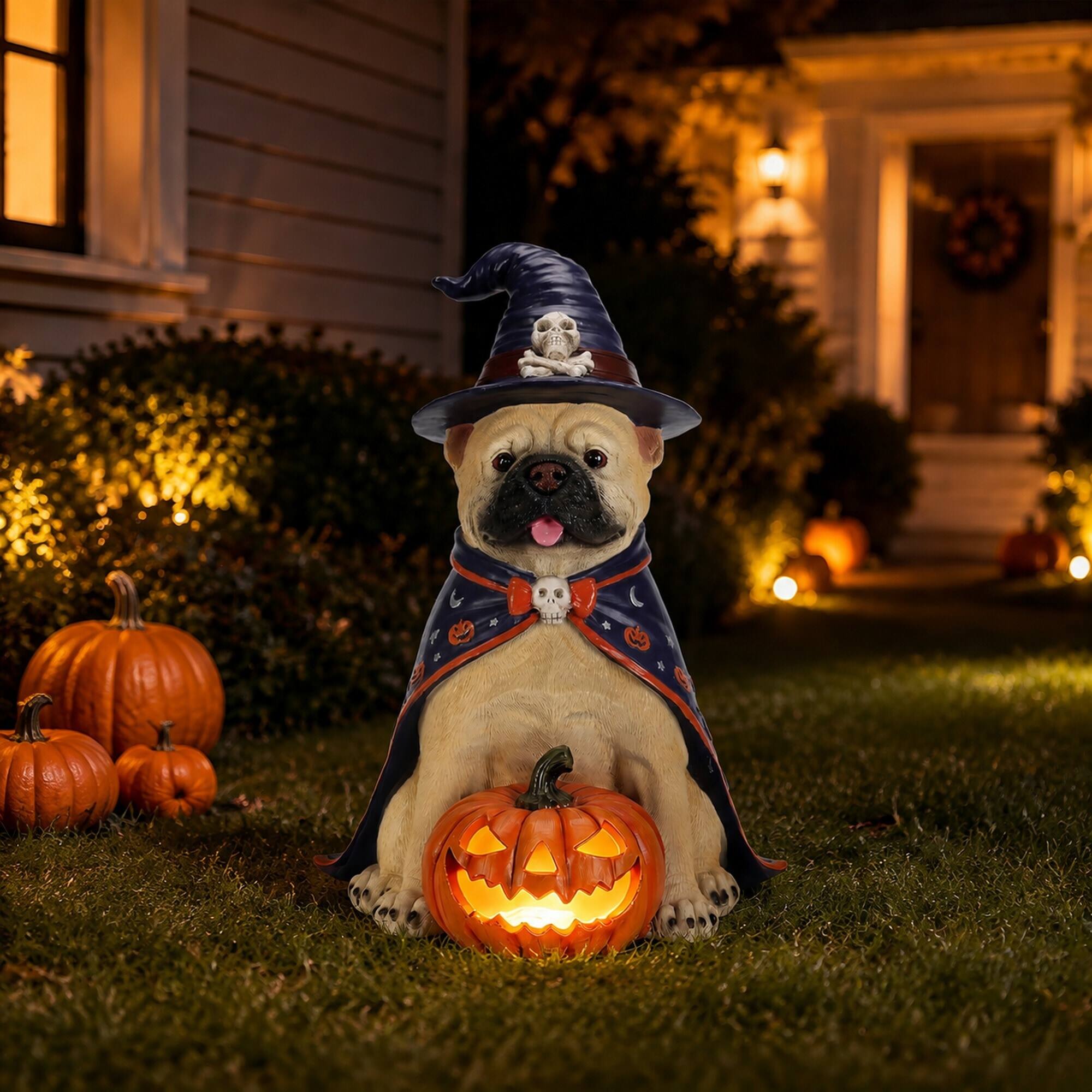 Angle. RYHNUYNE - Halloween Bulldog Witch Statue with Glowing Jack-O-Lantern Pumpkin for Porch Entryway and Party Displays - Beige.