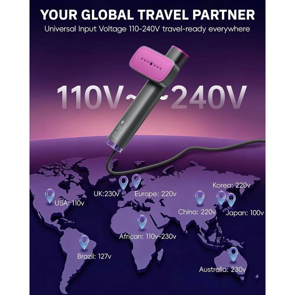 YOUR GLOBAL TRAVEL PARTNER  
Universal Input Voltage 110-240V travel-ready everywhere  

110V - 240V  

- USA: 110v  
- UK: 230v  
- Europe: 220v  
- China: 220v  
- Japan: 100v  
- Africa: 110v-230v  
- Brazil: 127v  
- Australia: 230v  
- Korea: 220v