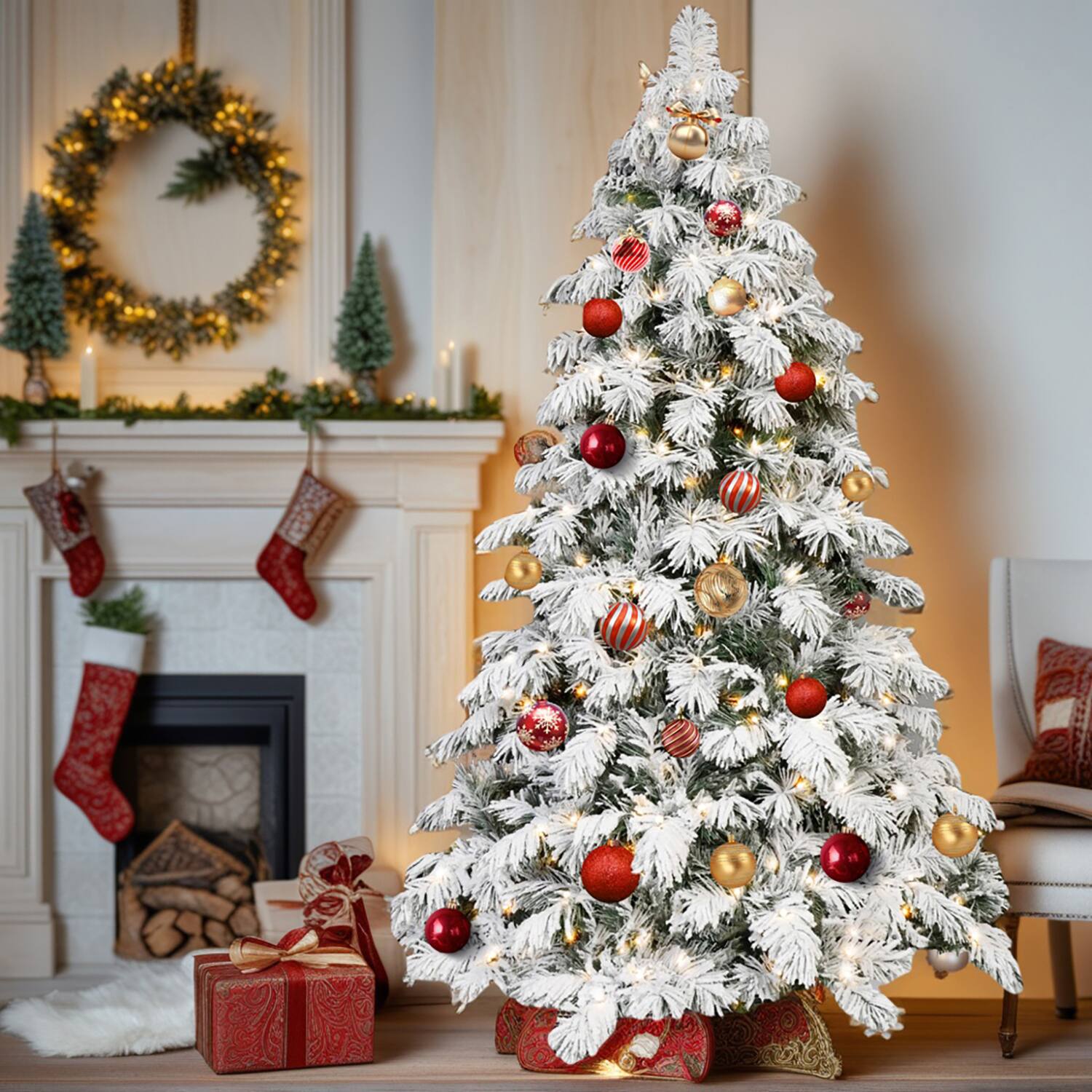 Front. Resenkos - Resenkos Artificial 5ft Flock LED-lit Christmas Tree with 375PE/PVC Mixed Branch Tips - White.