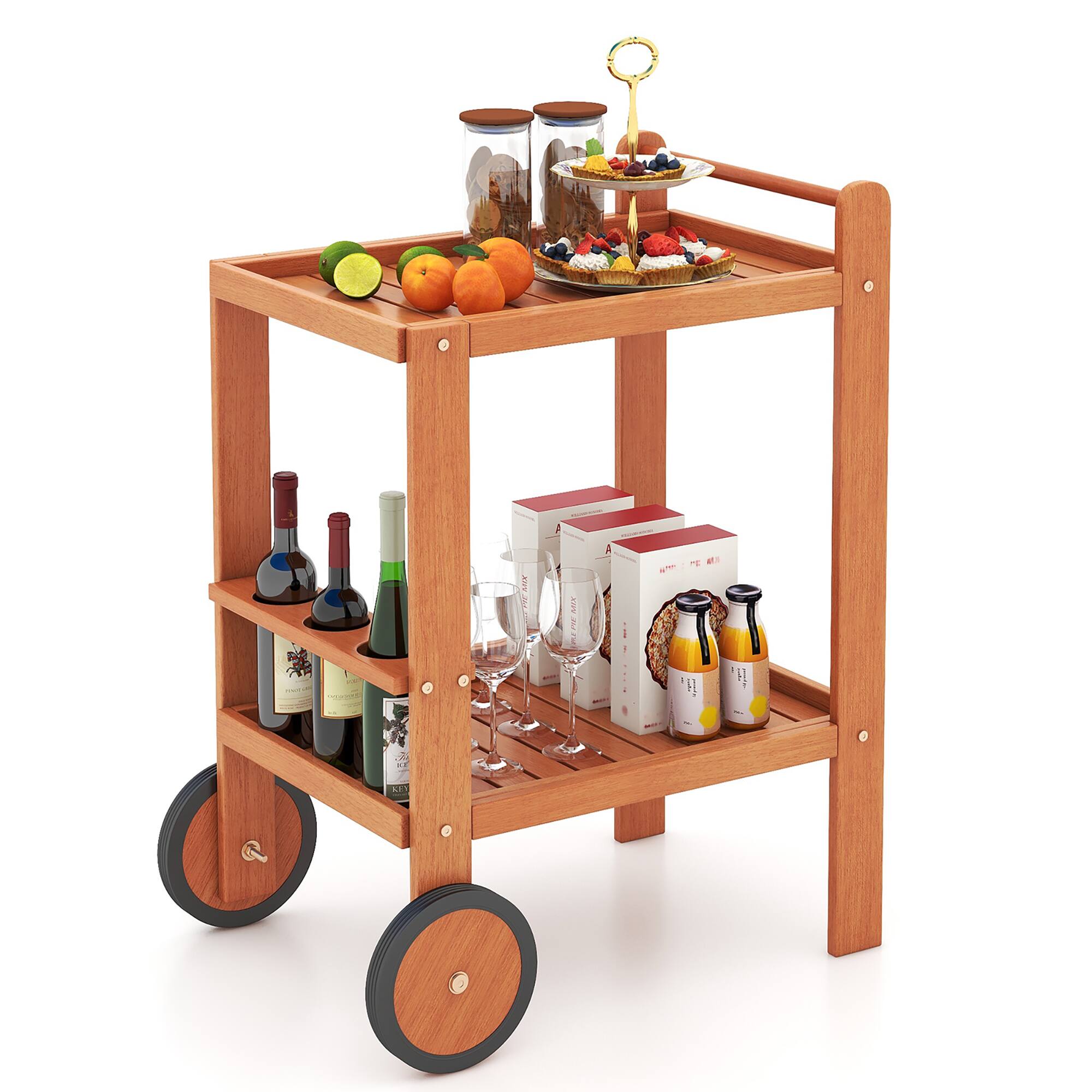Gymax - 2-Tier Indoor/Outdoor Wood Bar Cart w/ Wine Bottle Holders & 2 Rubber Wheels - Natural