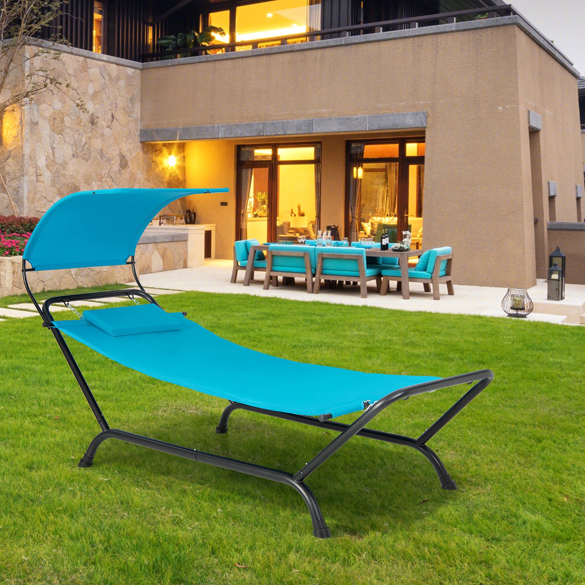 Alt View 3. Gymax - Gymax Chaise Lounge Bed w/ Detachable Sunshade Canopy Hammock w/ Rustproof Metal Stand Blue - Blue.