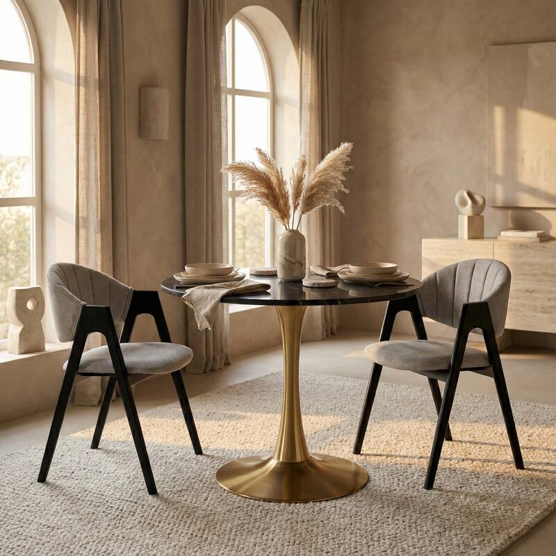Angle. LeisureMod - Bristol 27" Round Sintered Stone or MDF Dining Table, Modern Pedestal Base - Heavy Duty Steel Kitchen Table - MDF - Marbled Black.