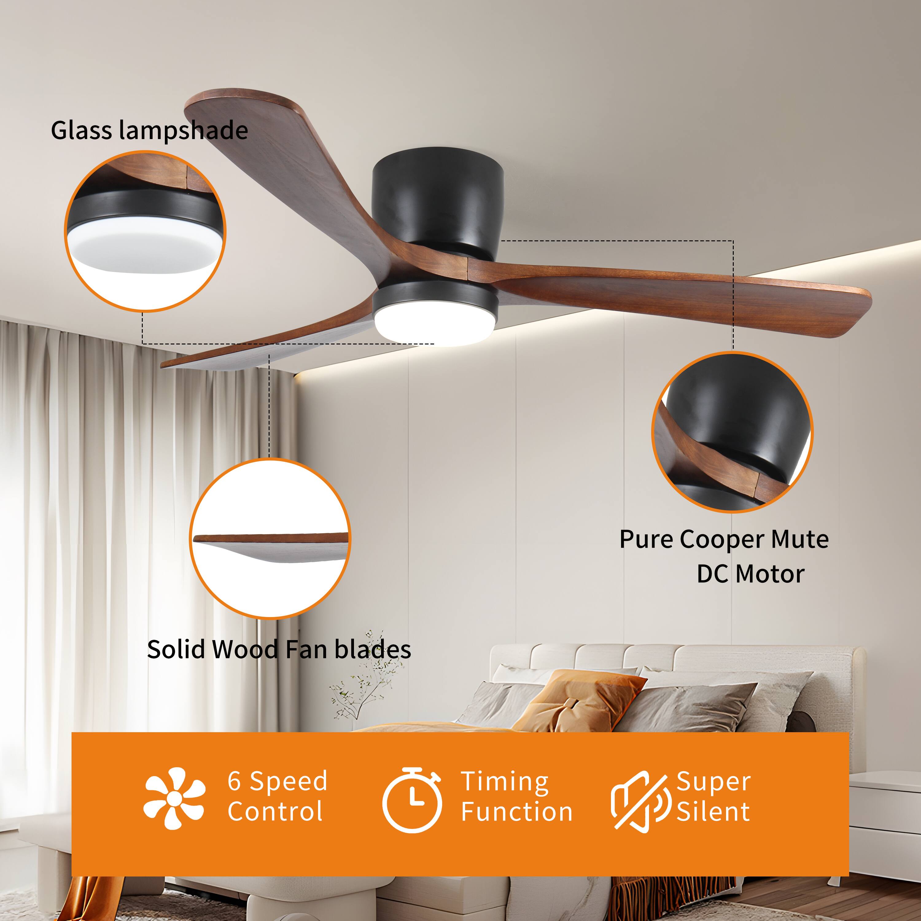 Glass lampshade  
Pure Copper Mute DC Motor  
Solid Wood Fan blades  
6 Speed Control  
Timing Function  
Super Silent