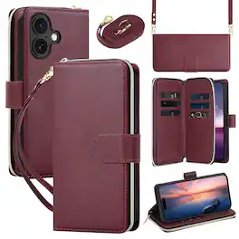 Dteck - Crossbody Wallet Case for Apple iPhone 16, Shockproof Zipper Pocket PU Leather Folio Cover with 9 Card Slots - Winered