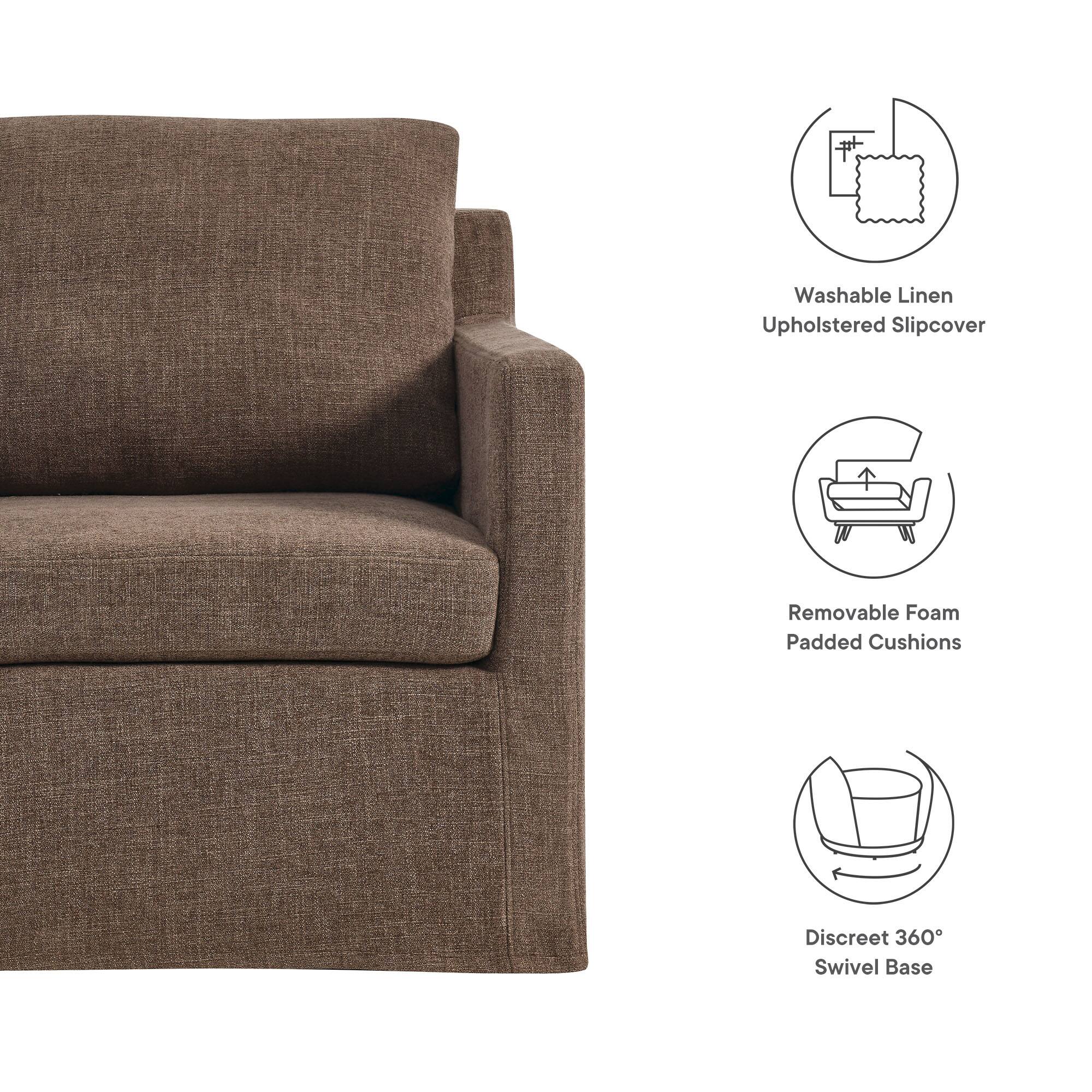 - Washable Linen Upholstered Slipcover
- Removable Foam Padded Cushions
- Discreet 360° Swivel Base