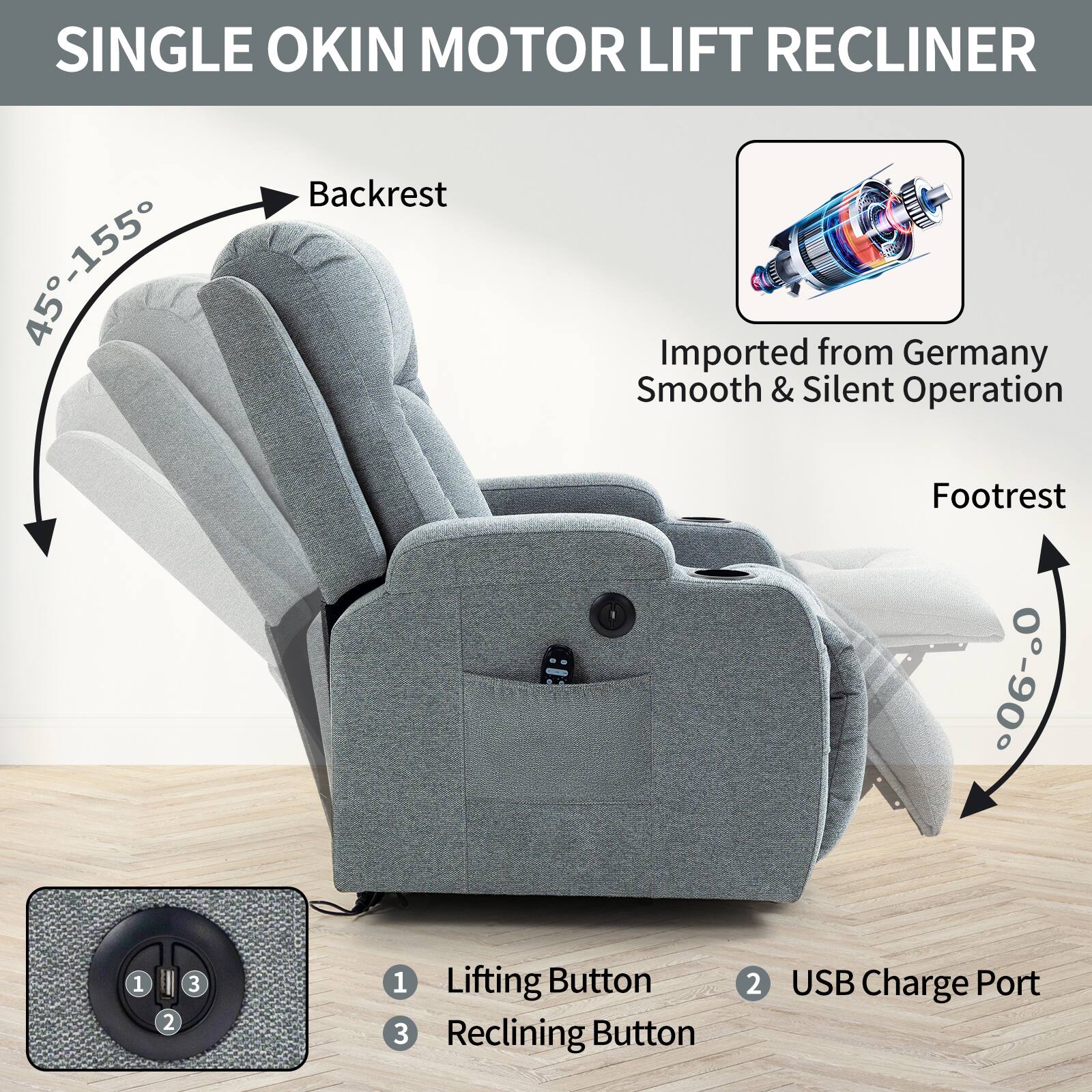 SINGLE OKIN MOTOR LIFT RECLINER

- Backrest: 45°-155°
- Footrest: 0°-60°
- Imported from Germany
- Smooth & Silent Operation

Buttons:
1. Lifting Button
2. USB Charge Port
3. Reclining Button