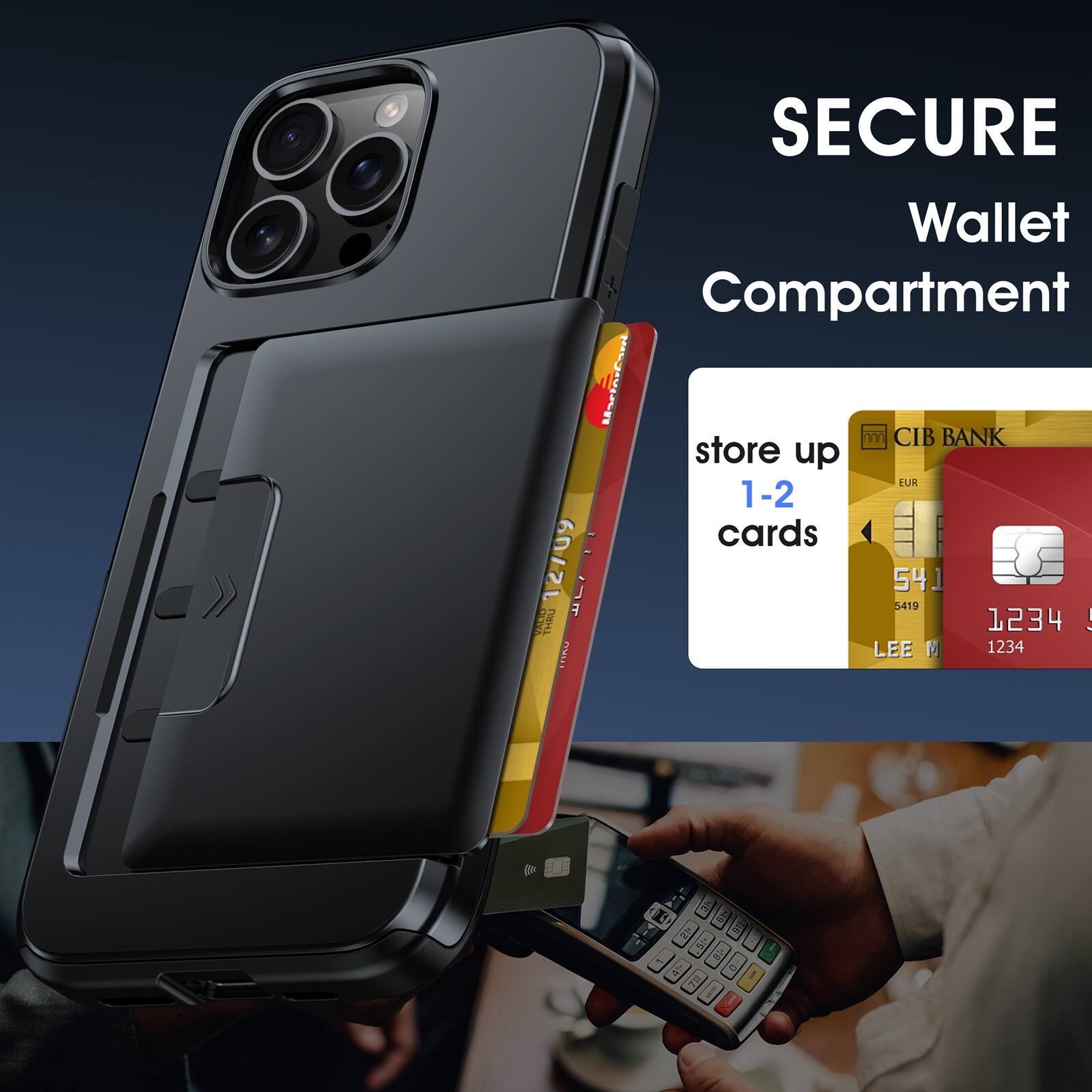 VALID 12/709 THRU LUR THRO

SECURE Wallet Compartment
MasterCard store up 1-2 cards
CIB BANK EUR
54 5419 1234
LEE M 1234