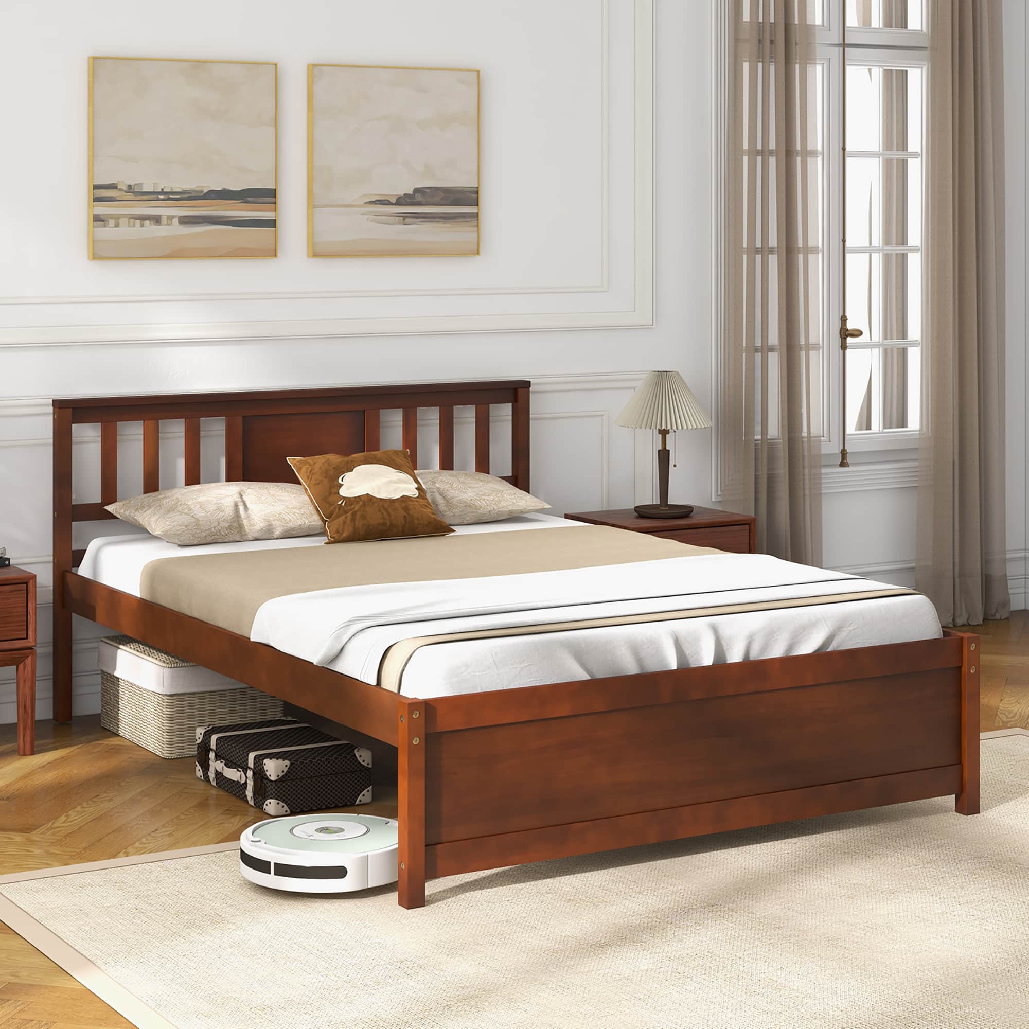 Front. Gymax - Gymax Full Size Bed Frame w/ Headboard Wood Slat Support No Box Spring Needed - Walnut.