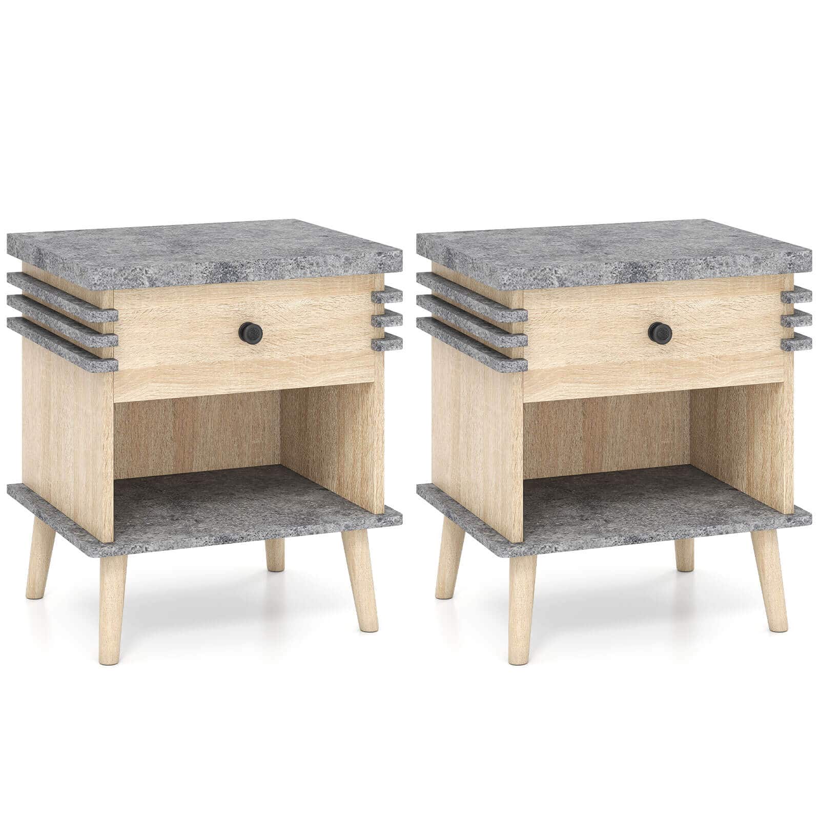 Costway - 2 PCS 3-Tier Bedside Table with Antique Grey Faux Marble Top & Open Shelf - Antique Grey,Natural