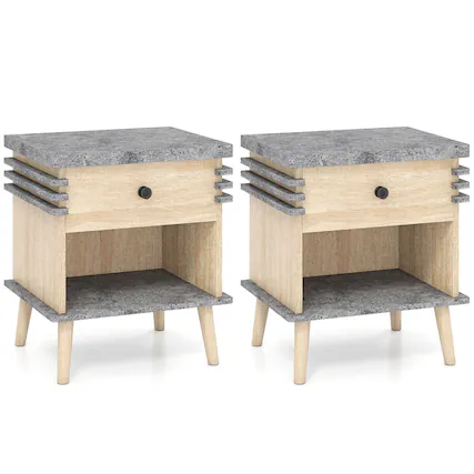 Front. Costway - Costway 2 PCS 3-Tier Bedside Table with Antique Grey Faux Marble Top & Open Shelf - Antique Grey,Natural.