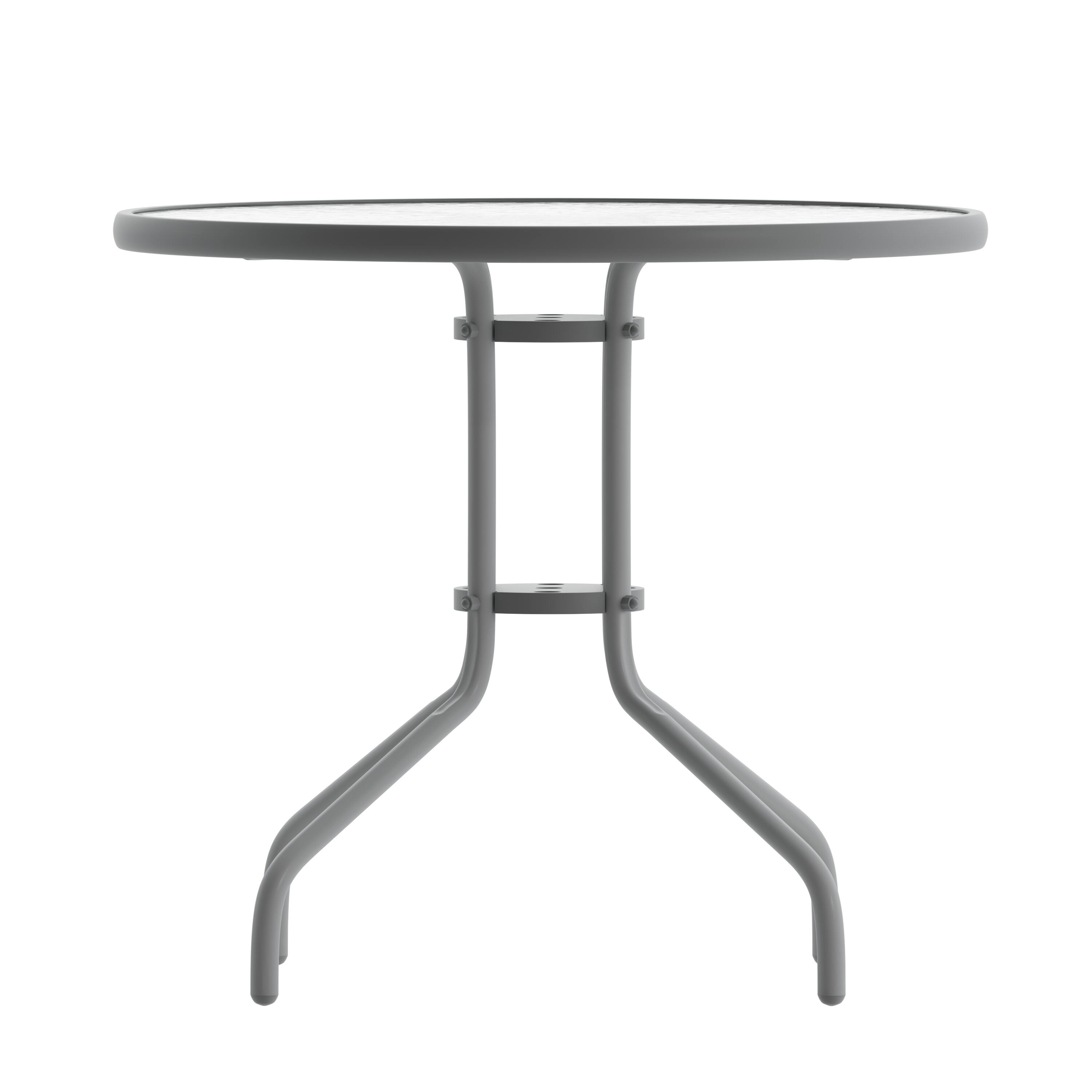 Alt View 10. Emma + Oliver - Rhea 31.5'' Round Glass Top Metal Table with 4 Aluminum Slat Stack Chairs - Silver.