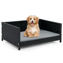 Gymax - Rattan Dog Bed w/ Waterproof Soft Cushion Metal Frame for Medium Small Dogs Cats - Gray