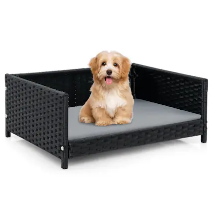Front. Gymax - Gymax Rattan Dog Bed w/ Waterproof Soft Cushion Metal Frame for Medium Small Dogs Cats - Grey.