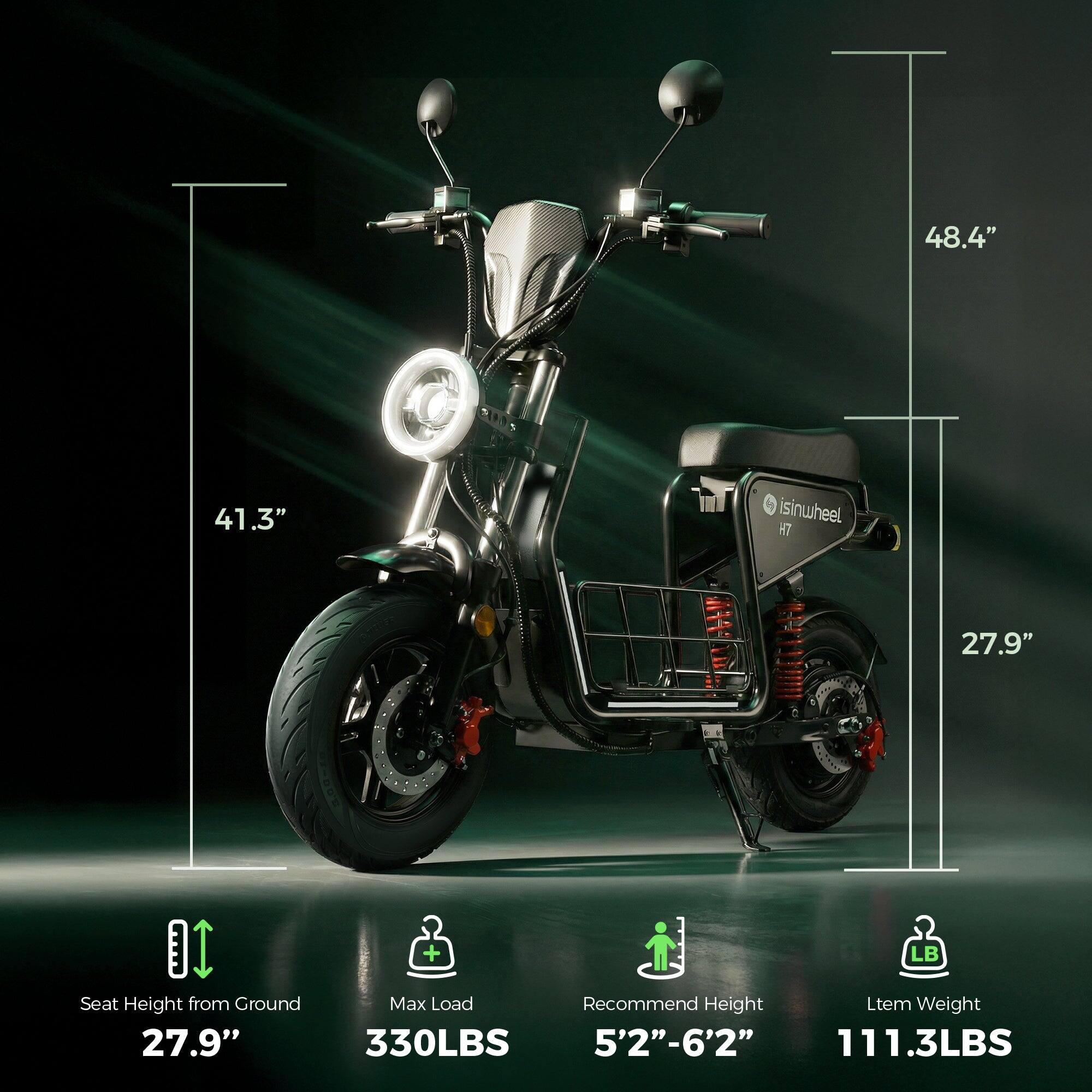 48.4" 41.3" isinwheel HT 27.9" 3.00 + LB Seat Height from Ground 27.9" Max Load Recommend Height Litem Weight 330LBS 5'2"-6'2" 111.3LBS