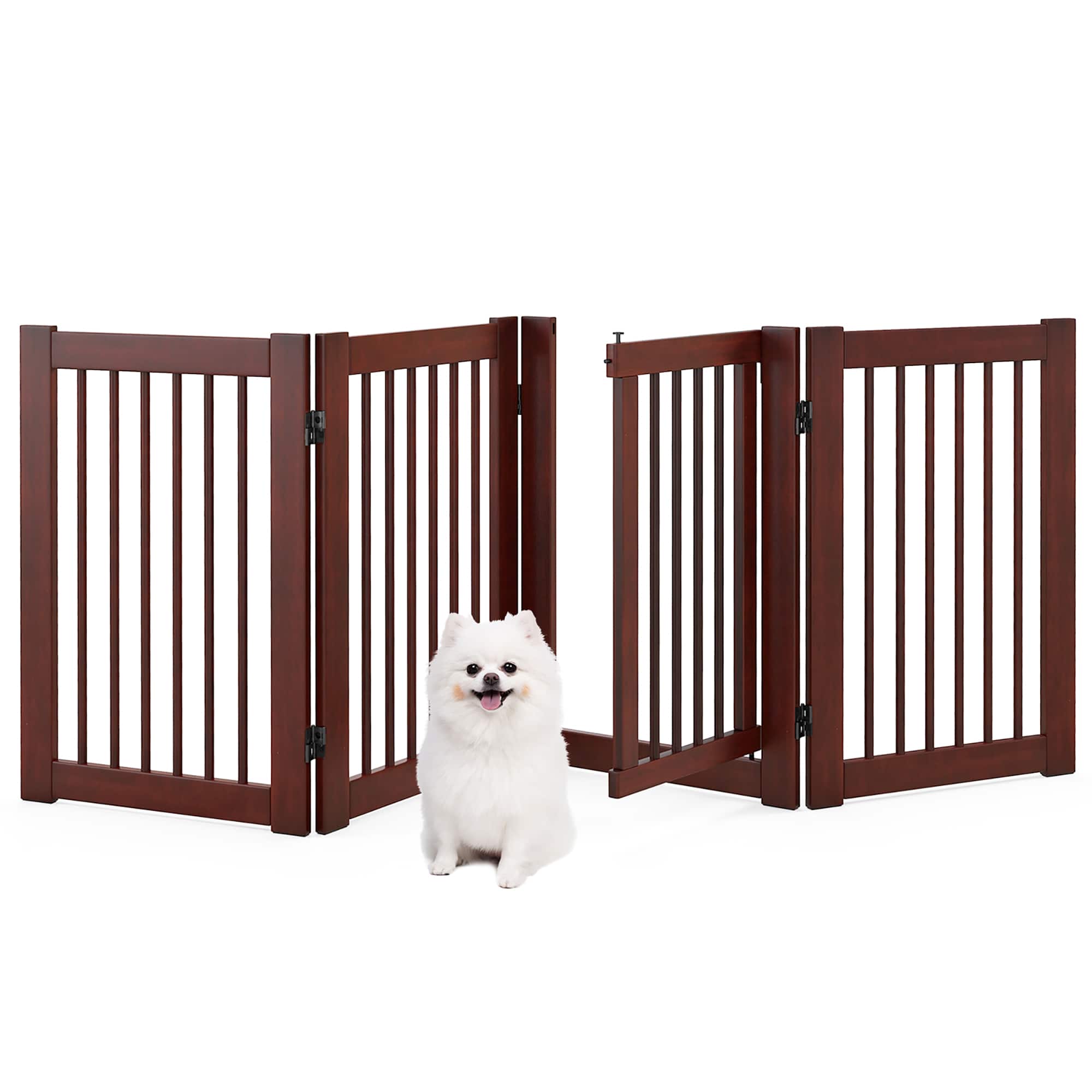 Gymax - Freestanding Pet Gate 30'' Tall 4-Panel Wooden Dog Fence Solid Wood Foldable