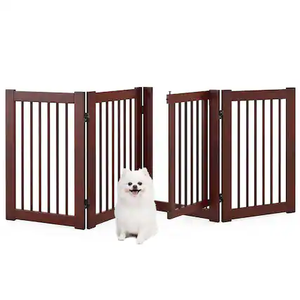 Front. Gymax - Gymax Freestanding Pet Gate 30'' Tall 4-Panel Wooden Dog Fence Solid Wood Foldable.