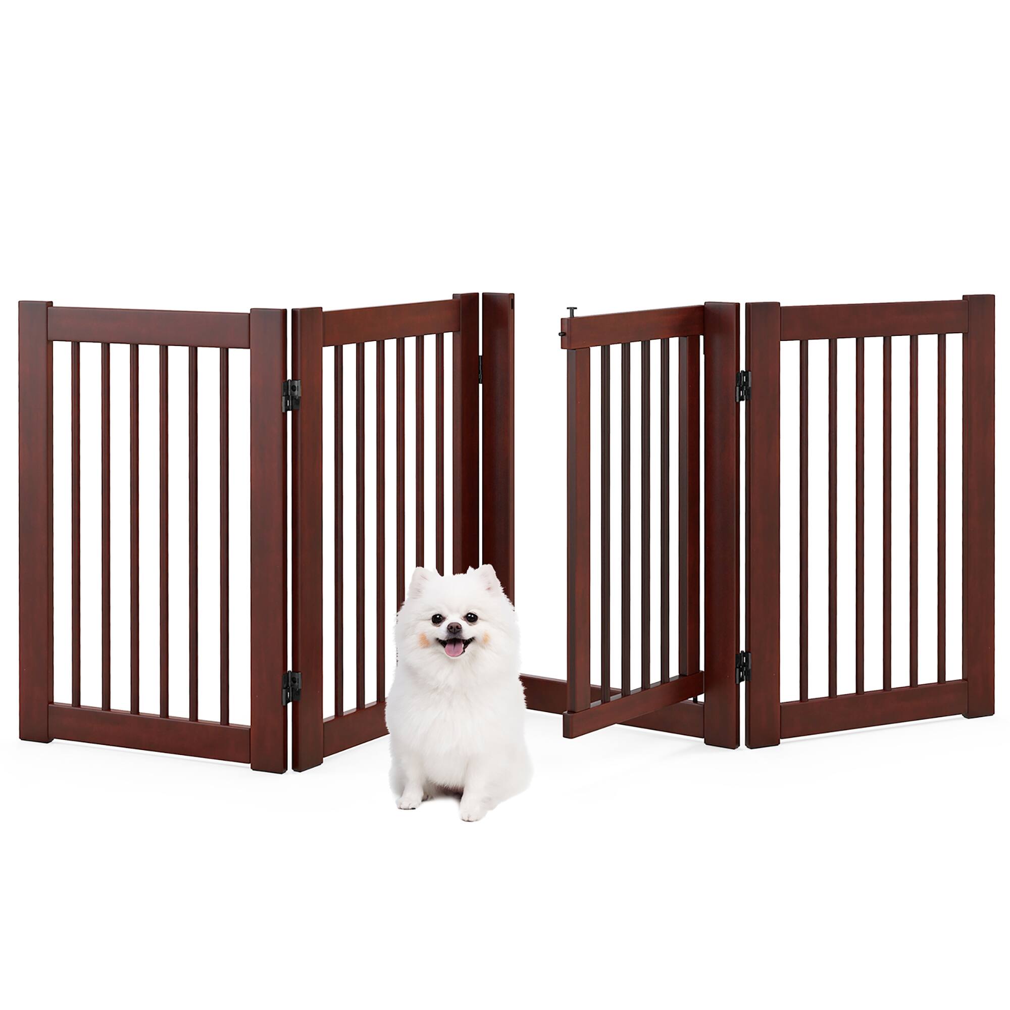 Front. Gymax - Gymax Freestanding Pet Gate 30'' Tall 4-Panel Wooden Dog Fence Solid Wood Foldable.