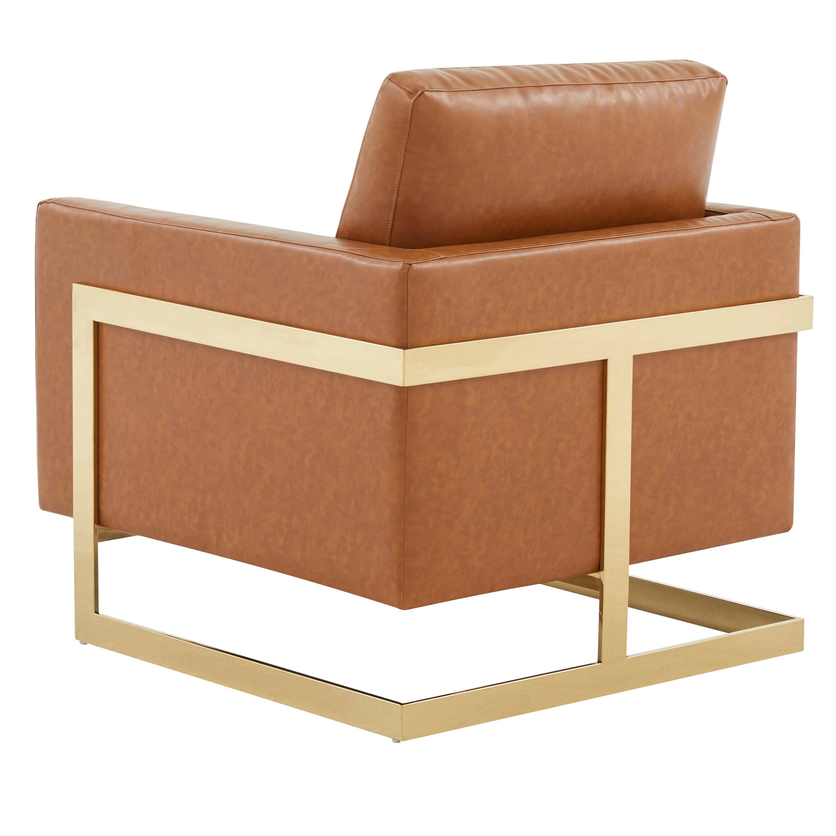 Alt View 4. LeisureMod - Lincoln Modern Leather Accent Chair, Gold Stainless Steel Base Armchair - Fully Assembled - Cognac Tan.