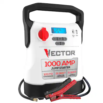 ON OFF 12.8 V
VECTOR
1000 AMP JUMP STARTER
120 PSI COMPRESSOR
25 WATT TYPE-C PD USB POWER
15 WATT USB POWER
AIR + LED USB