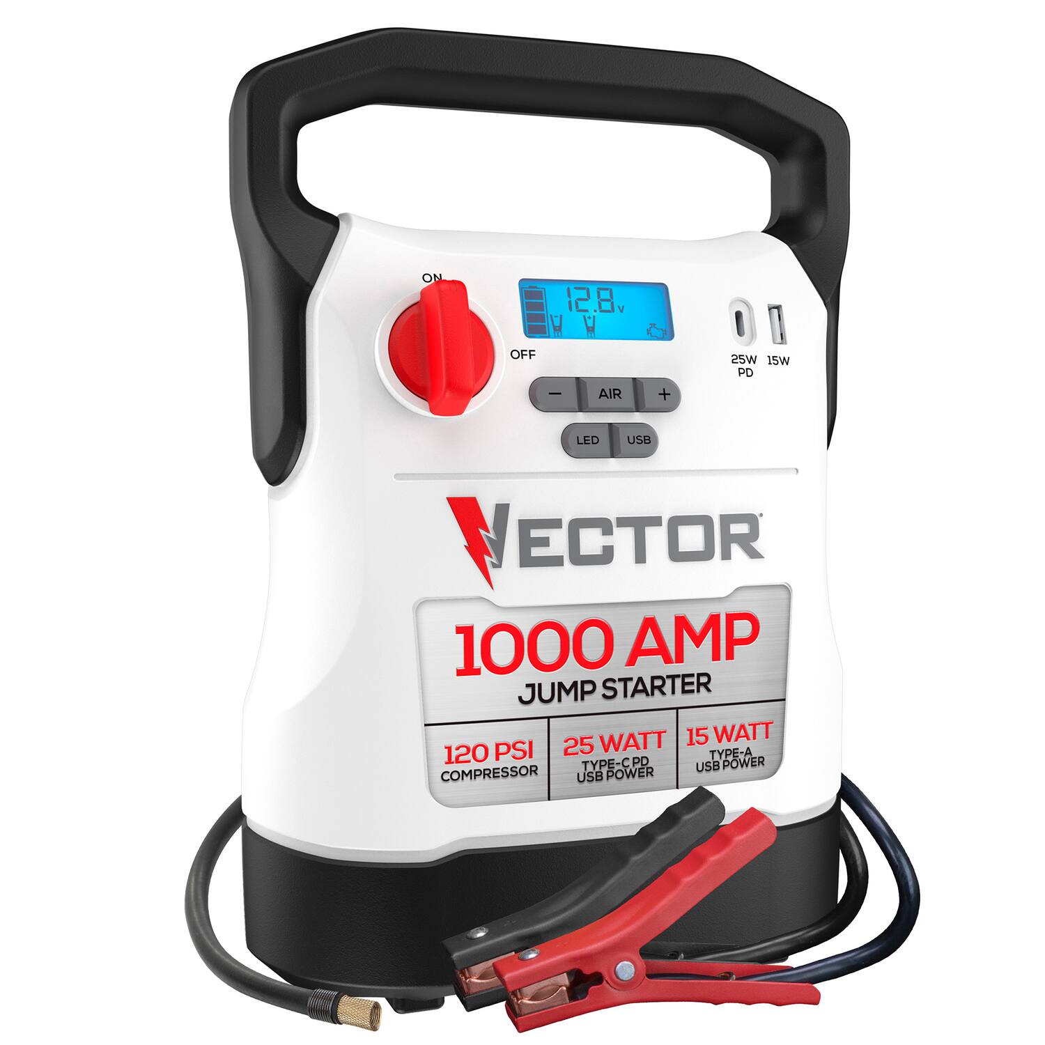 ON OFF 12.8 V  
VECTOR  
1000 AMP JUMP STARTER  
120 PSI COMPRESSOR  
25 WATT TYPE-C PD USB POWER  
15 WATT USB POWER  
AIR + LED USB