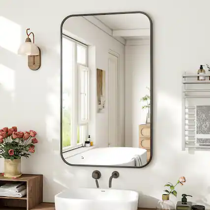 Front. Easly - Black 24 in. W x 36 in. H Rectangle Aluminum Alloy Frame Vanity Wall Mirror - Black.
