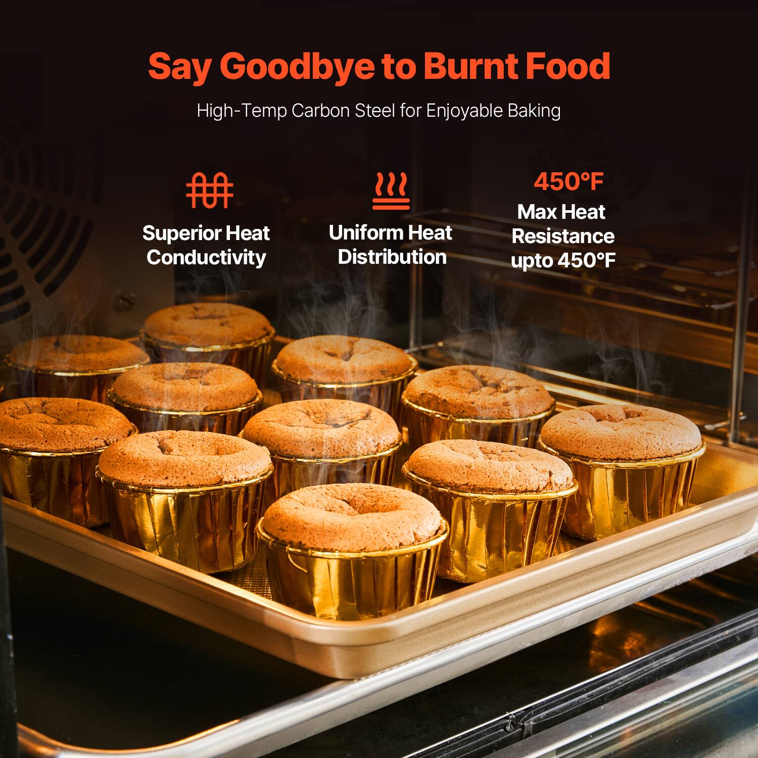 Say Goodbye to Burnt Food

High-Temp Carbon Steel for Enjoyable Baking

- Superior Heat Conductivity
- Uniform Heat Distribution
- 450°F Max Heat Resistance upto 450°F