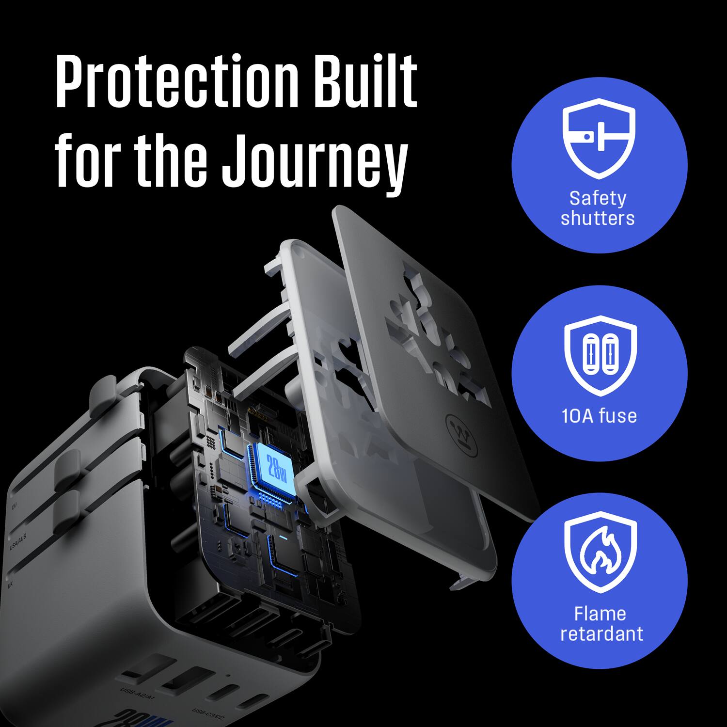 Protection Built for the Journey

- Safety shutters
- 10A fuse
- Flame retardant
- USB-A2/A1 USB-C