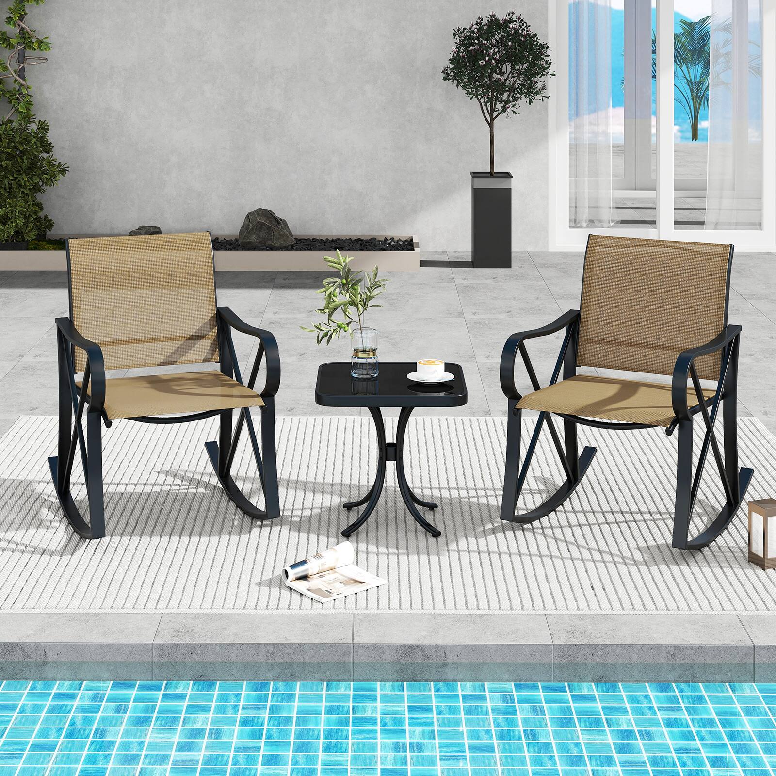 Alt View 1. Gymax - Gymax 3 Piece Patio Rocking Set 2 Rocking Chairs w/ Tempered Glass Side Table Brown - Brown.