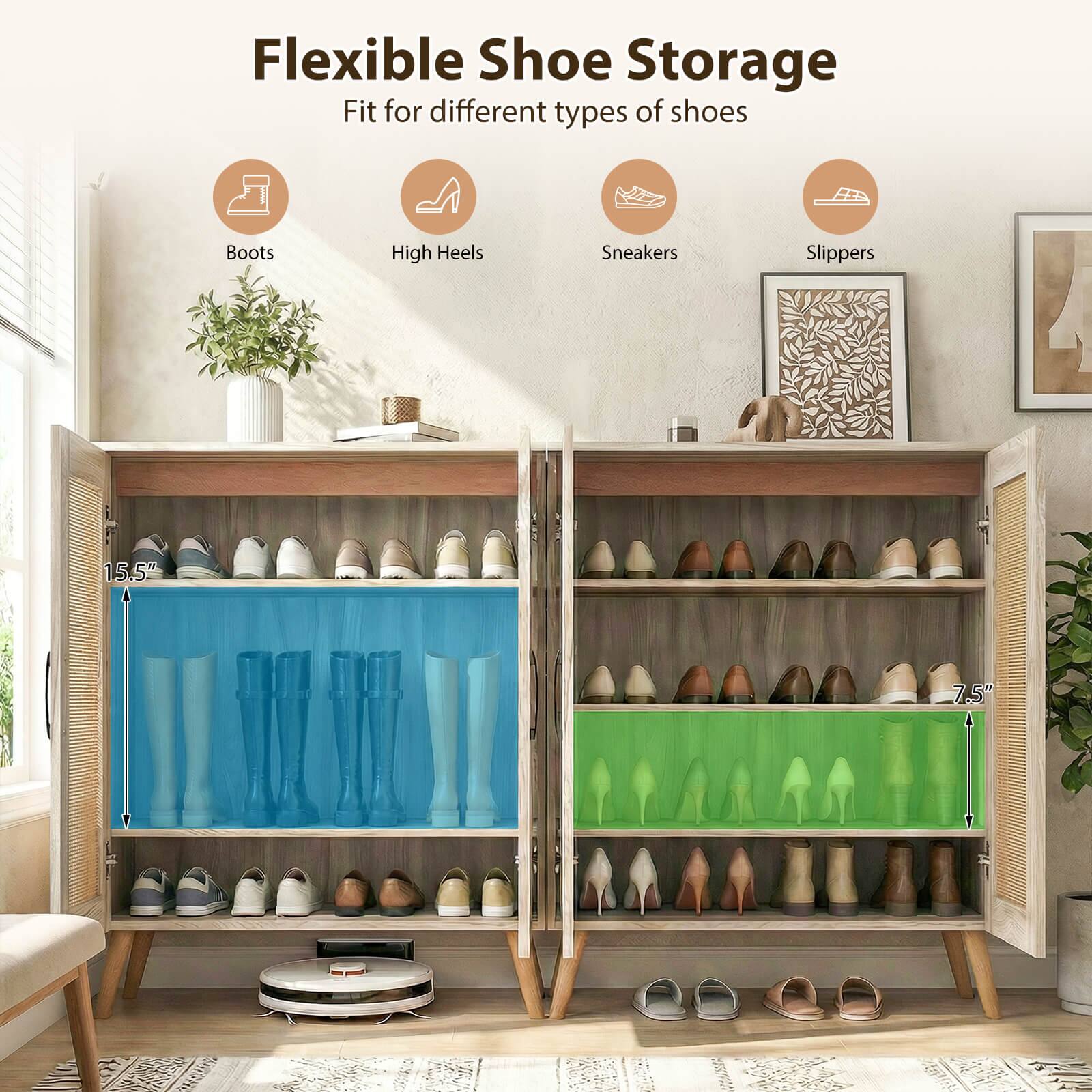 Flexible Shoe Storage  
Fit for different types of shoes  
Boots  
High Heels  
Sneakers  
Slippers  

15.5"  
7.5"