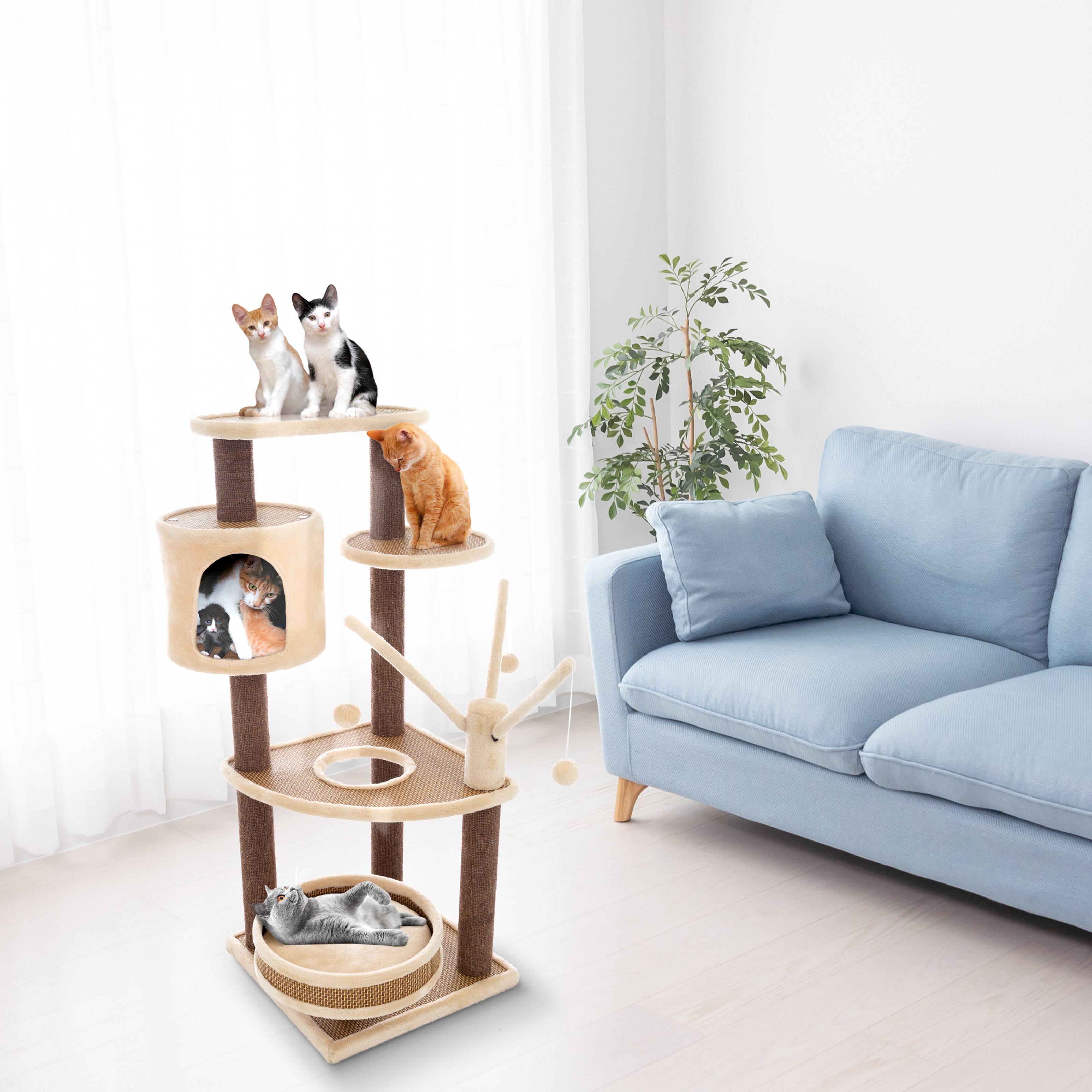 Alt View 5. PetMaker - 6-Tier Cat Tower Cushioned Pet Bed, Napping Perches, Kitty Condo Hut, and Spring Arms with 3 Hanging Toys Fully Carpeted - Brown / Beige.