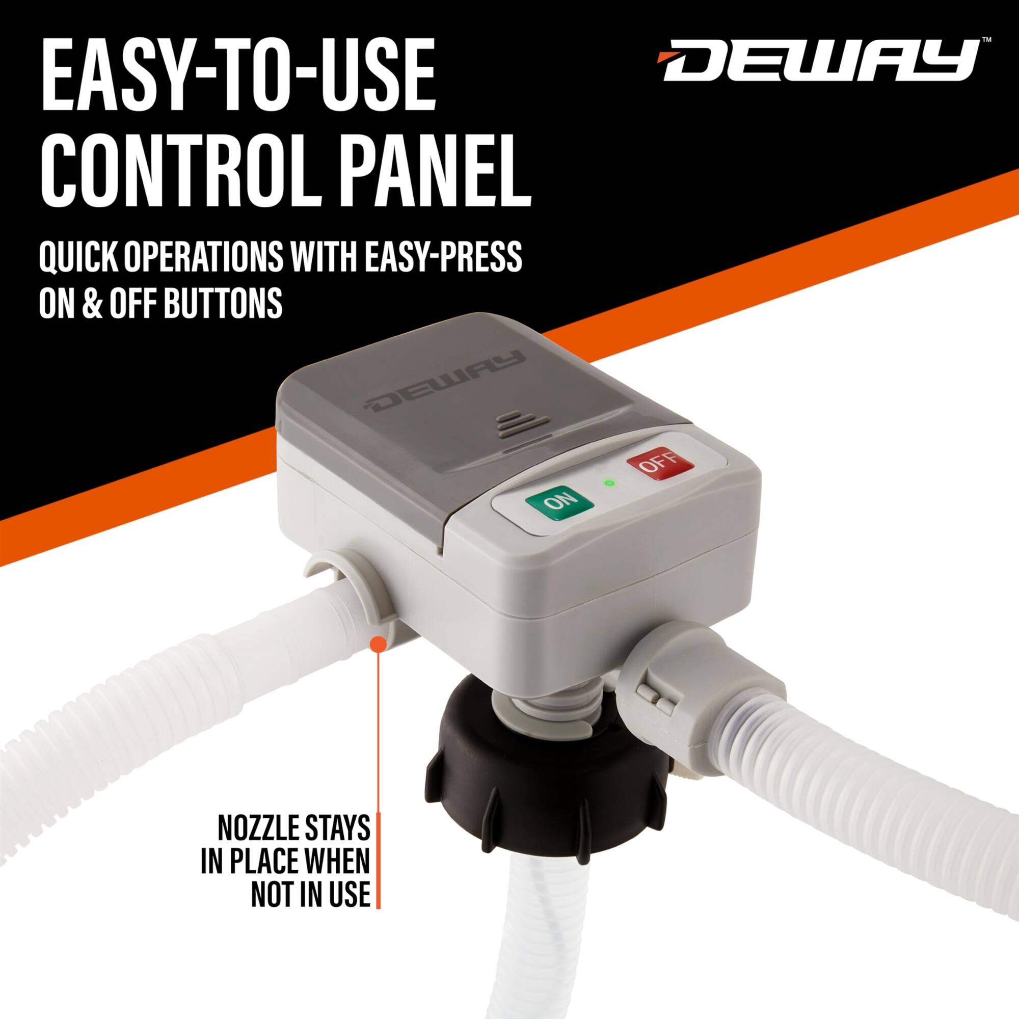 EASY-TO-USE DEWAY CONTROL PANEL QUICK OPERATIONS WITH EASY-PRESS ON & OFF BUTTONS DEWAY NOZZLE STAYS IN PLACE WHEN NOT IN USE