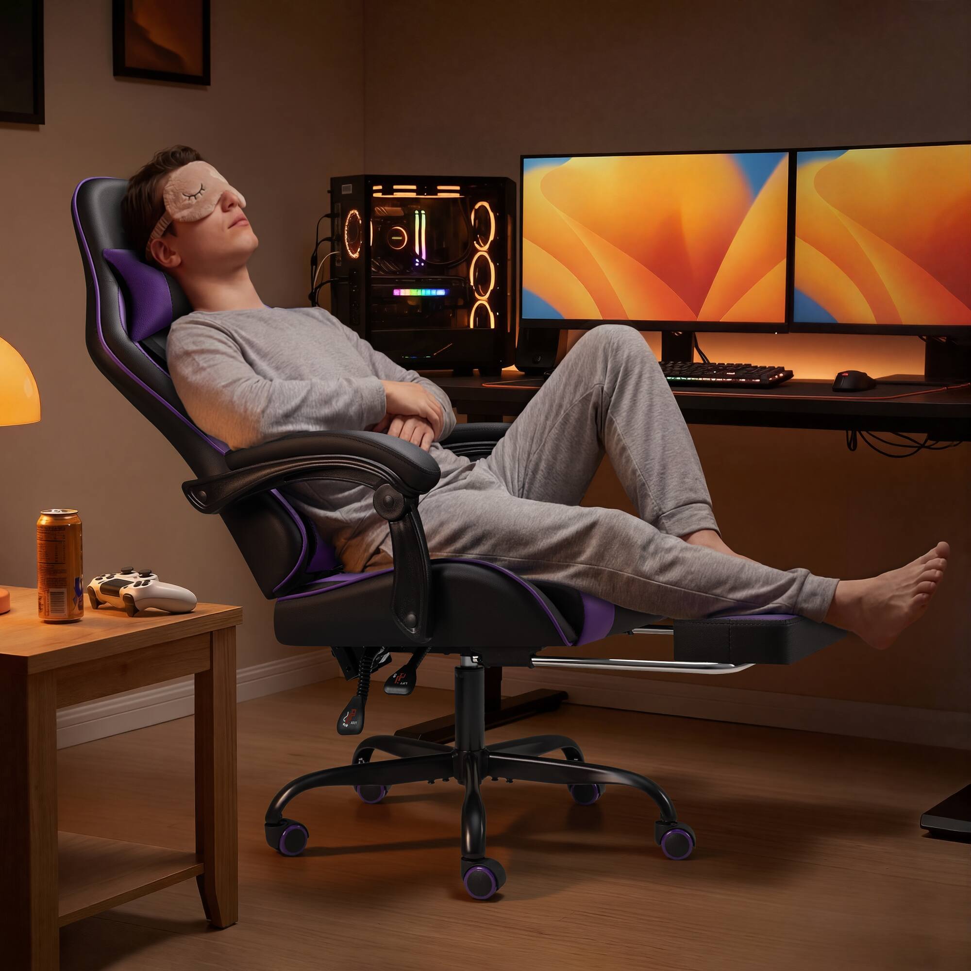Alt View 3. Homall - Gaming Chair Massage Ergonomic Chair PU Leather Height Adjustable Racing Chair with Footrest & Lumbar Support - PURPLE.