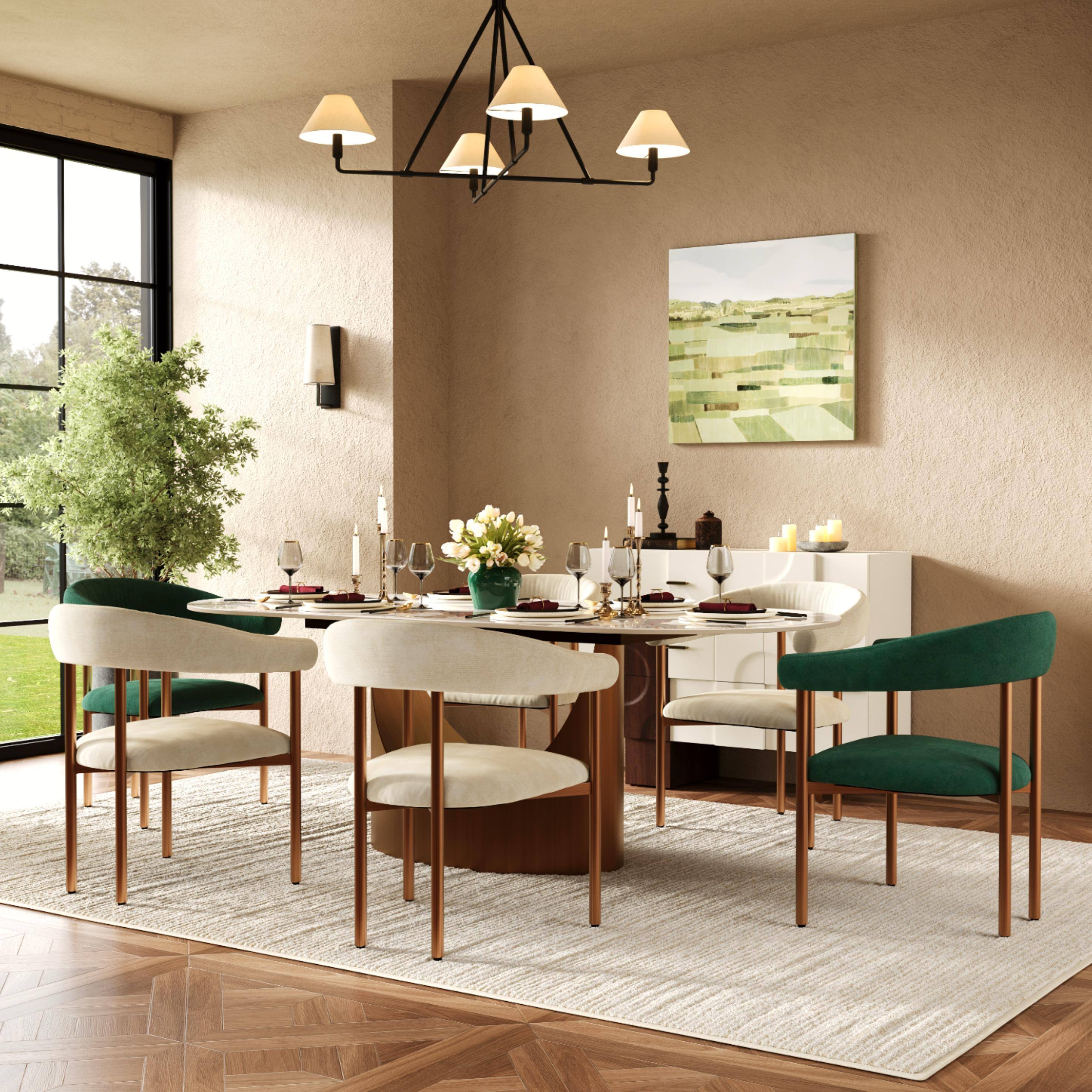Left. POVISON - Modern Upholstered Armrest Dining Chair, Green Velvet Accent Chair with Arms, Fully Assembled - Green & Bronze.