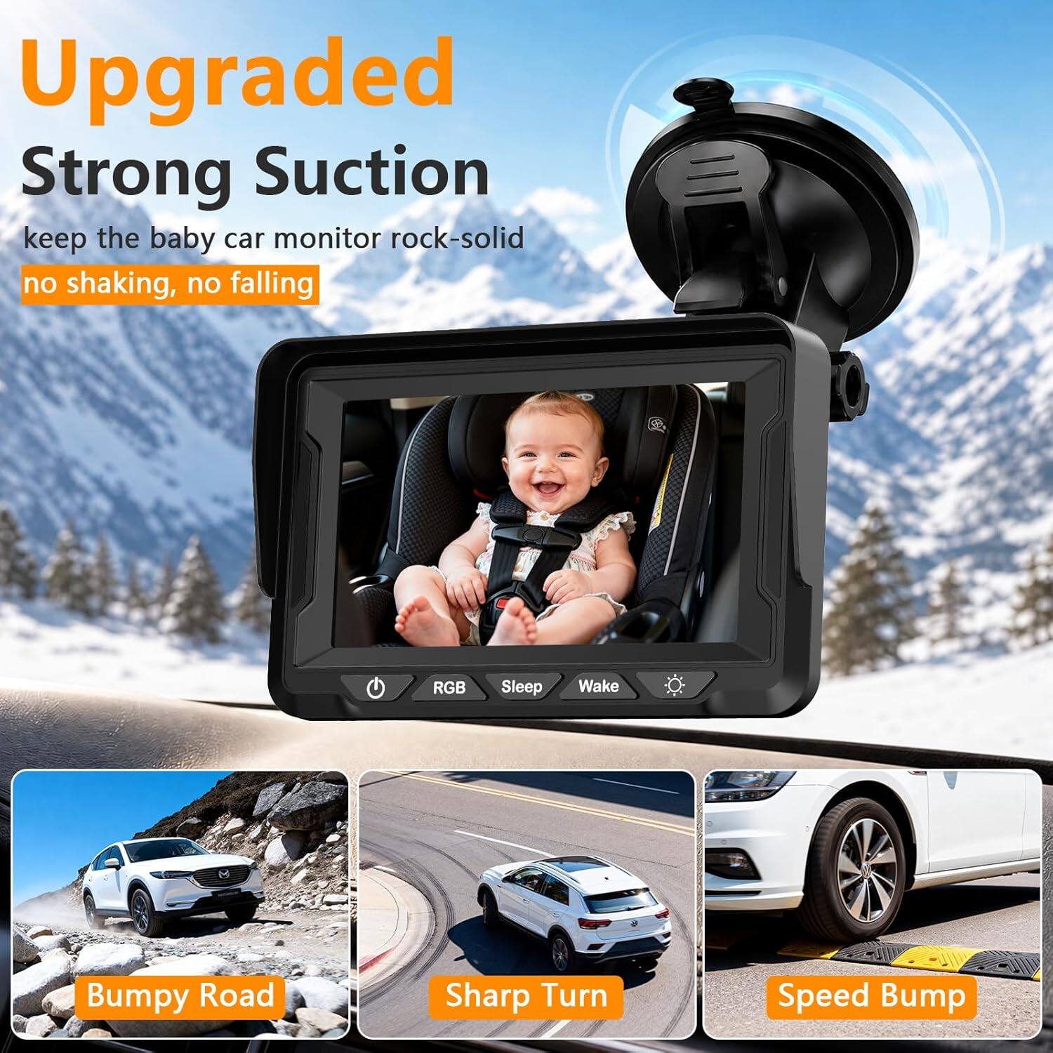 Upgraded Strong Suction keep the baby car monitor rock-solid no shaking, no falling RGB Sleep Wake Bumpy Road Sharp Turn Speed Bump