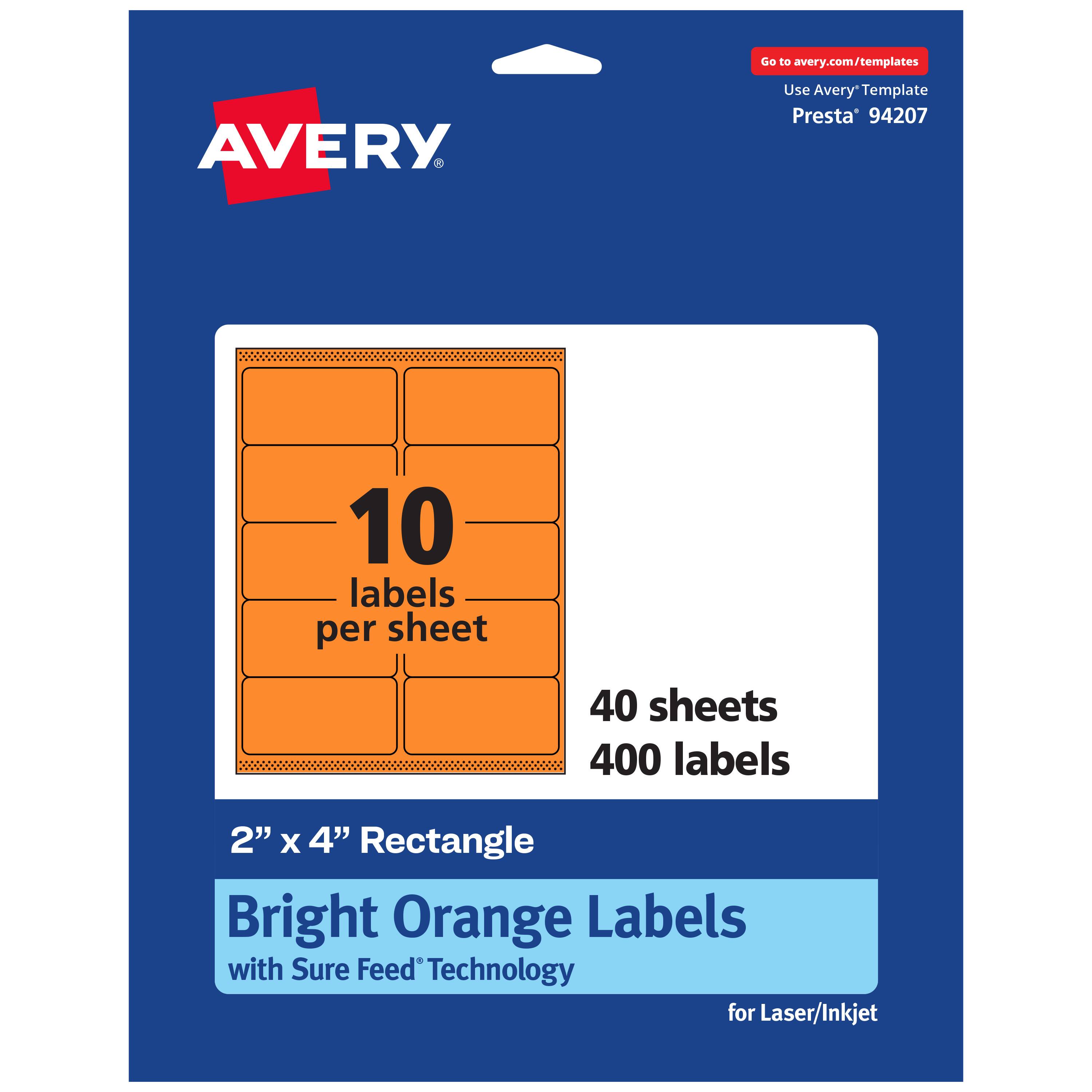 Go to avery.com/templates

AVERY

Use Avery Template Presta* 94207

10 labels per sheet

40 sheets

400 labels

2" x 4" Rectangle

Bright Orange Labels

with Sure Feed* Technology

for Laser/Inkjet