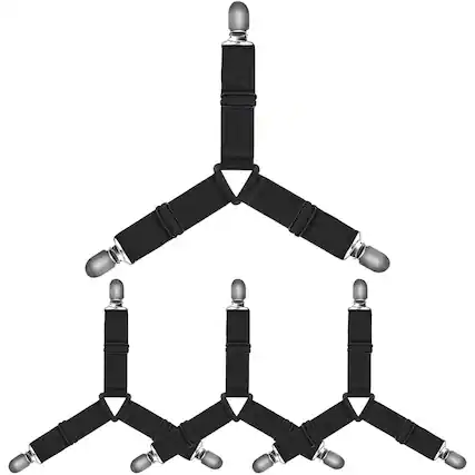 Front. MOVSSOU - Bed Sheet Holder Straps Adjustable Triangle Non-Slip Elastic Mattress Corner Clips Set of 4 - black.