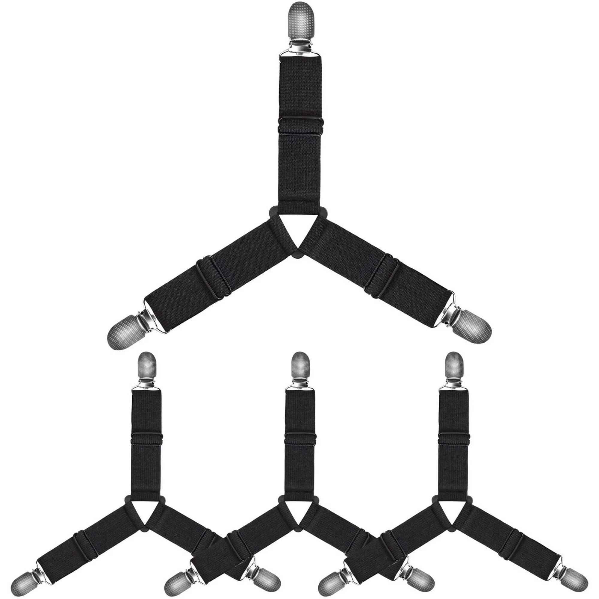 Front. MOVSSOU - Bed Sheet Holder Straps Adjustable Triangle Non-Slip Elastic Mattress Corner Clips Set of 4 - black.