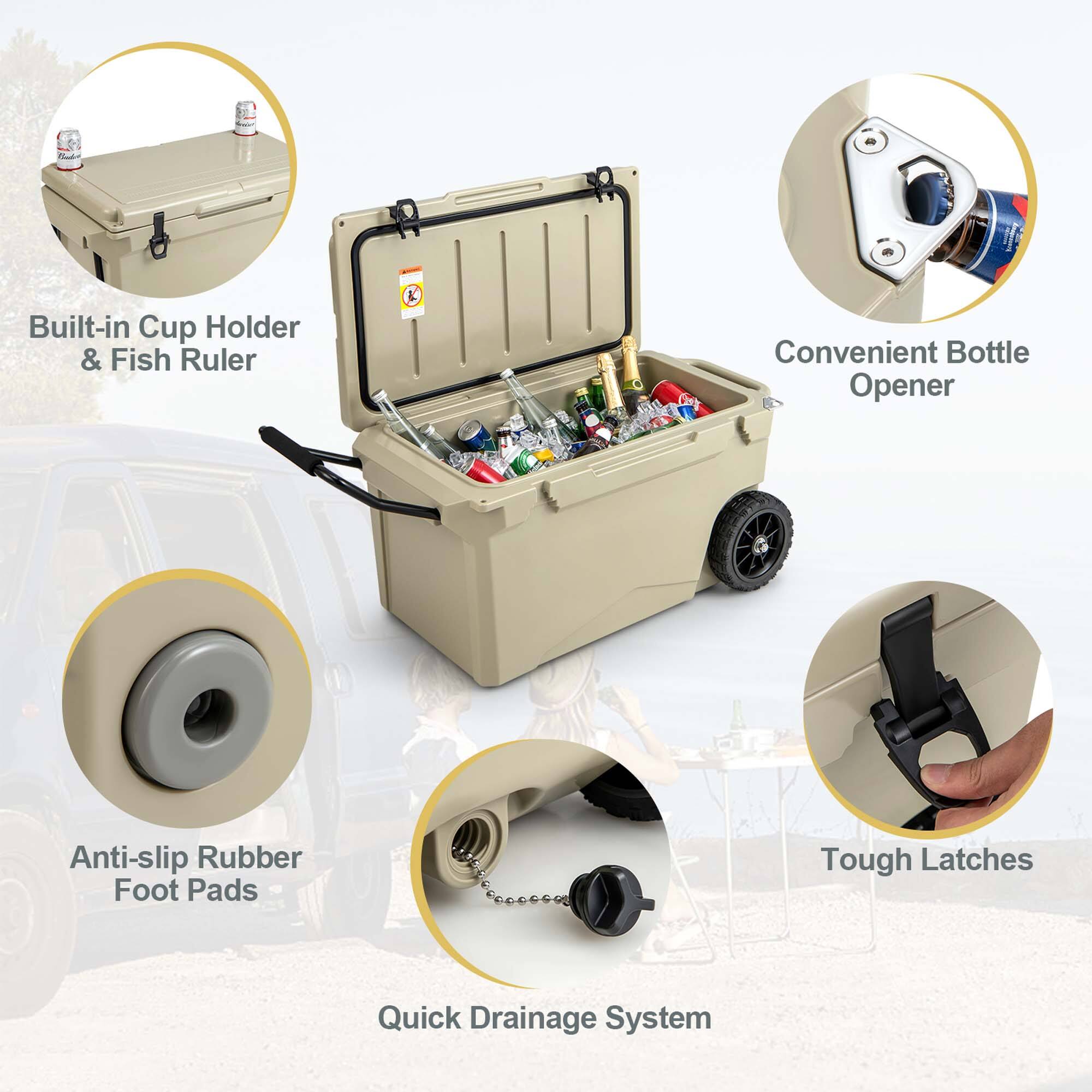 Built-in Cup Holder & Fish Ruler  
Convenient Bottle Opener  
Anti-slip Rubber Foot Pads  
Tough Latches  
Quick Drainage System