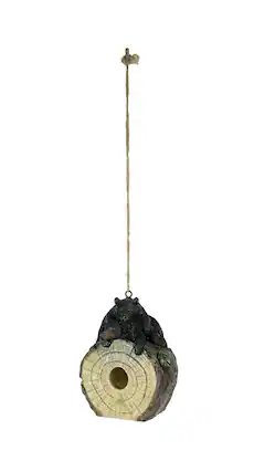 Front. Mayrich Company - Playful Black Bears On Cut Log Polyresin Hanging Birdhouse - Brown.